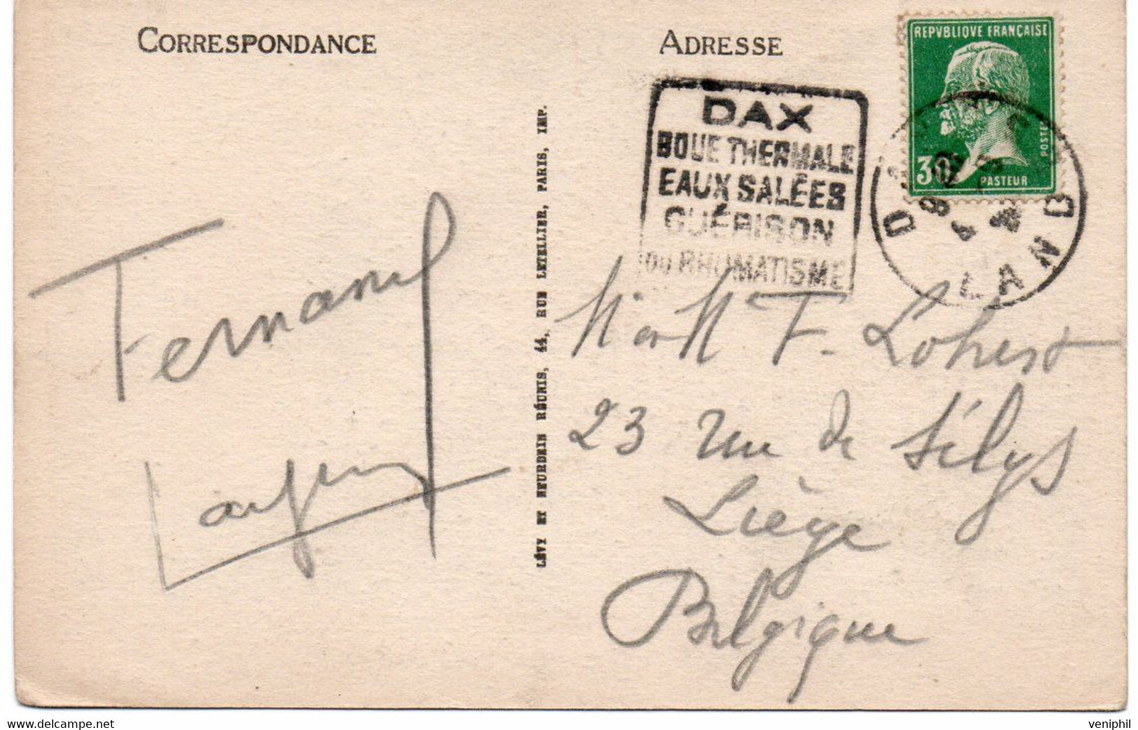 CARTE AFFRANCHIE SEMEUSE LIGNEE PASTEUR N° 174 -OBLITERATION DAGUIN - DAX BOUE THERMALE EAUX SALEES GUERISON OU RHUMATIS - Mechanical Postmarks (Other)