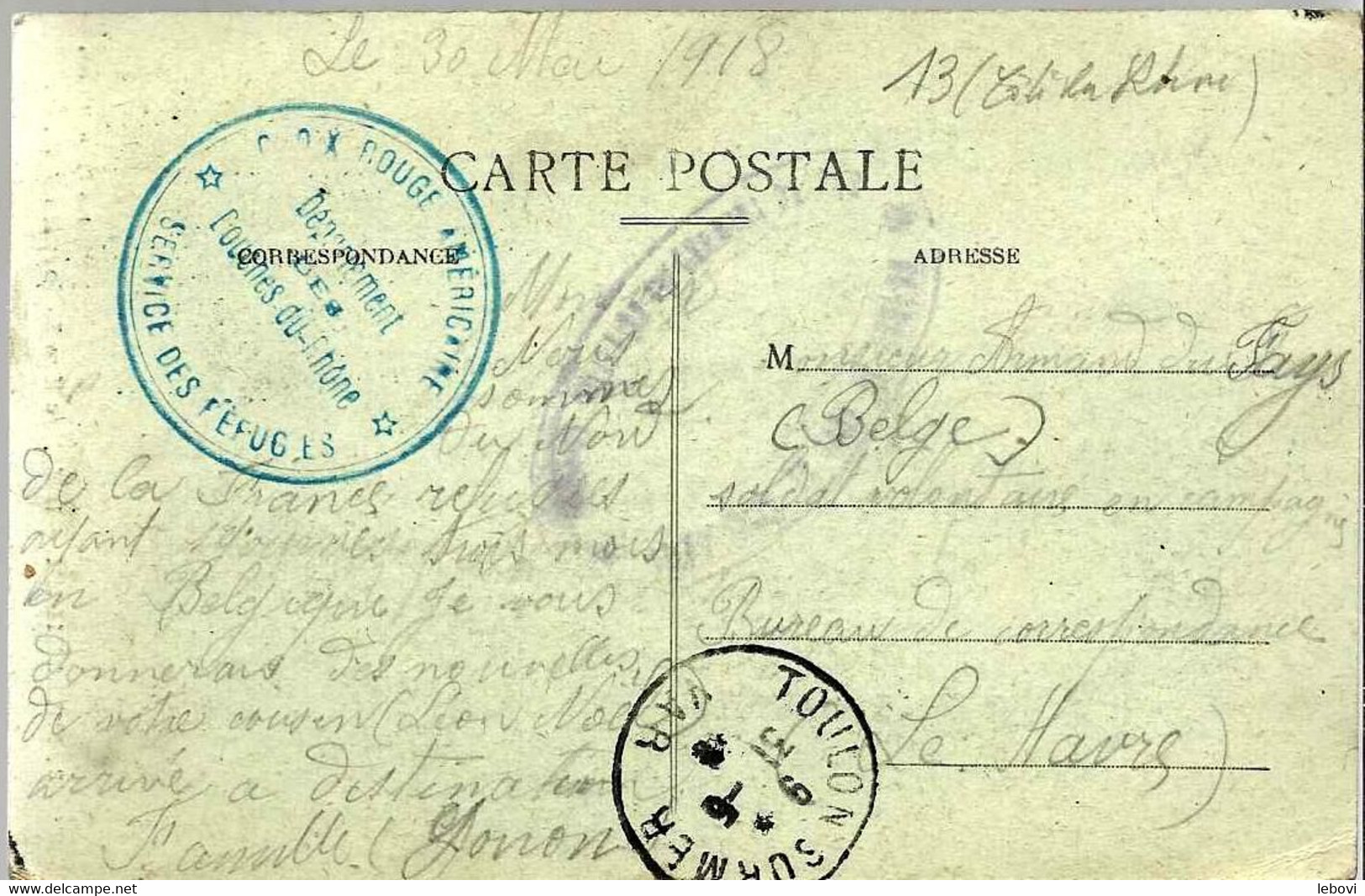 FRANCE Carte Postale Ayant Circulé En Franchise  De TOULON Vers LE HAVRE Avec Cachet « CROIX ROUGE AMERICAINE - ----> - Franchise
