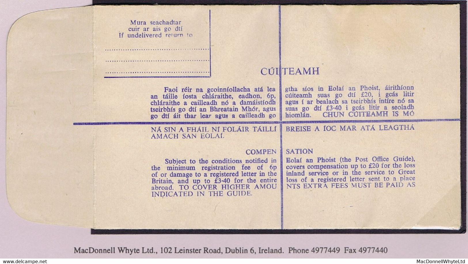 Ireland Registered Envelope Error 1971 14p Size G Embossed Stamp Missing Mint, Only 10 Believed Sold - Entiers Postaux