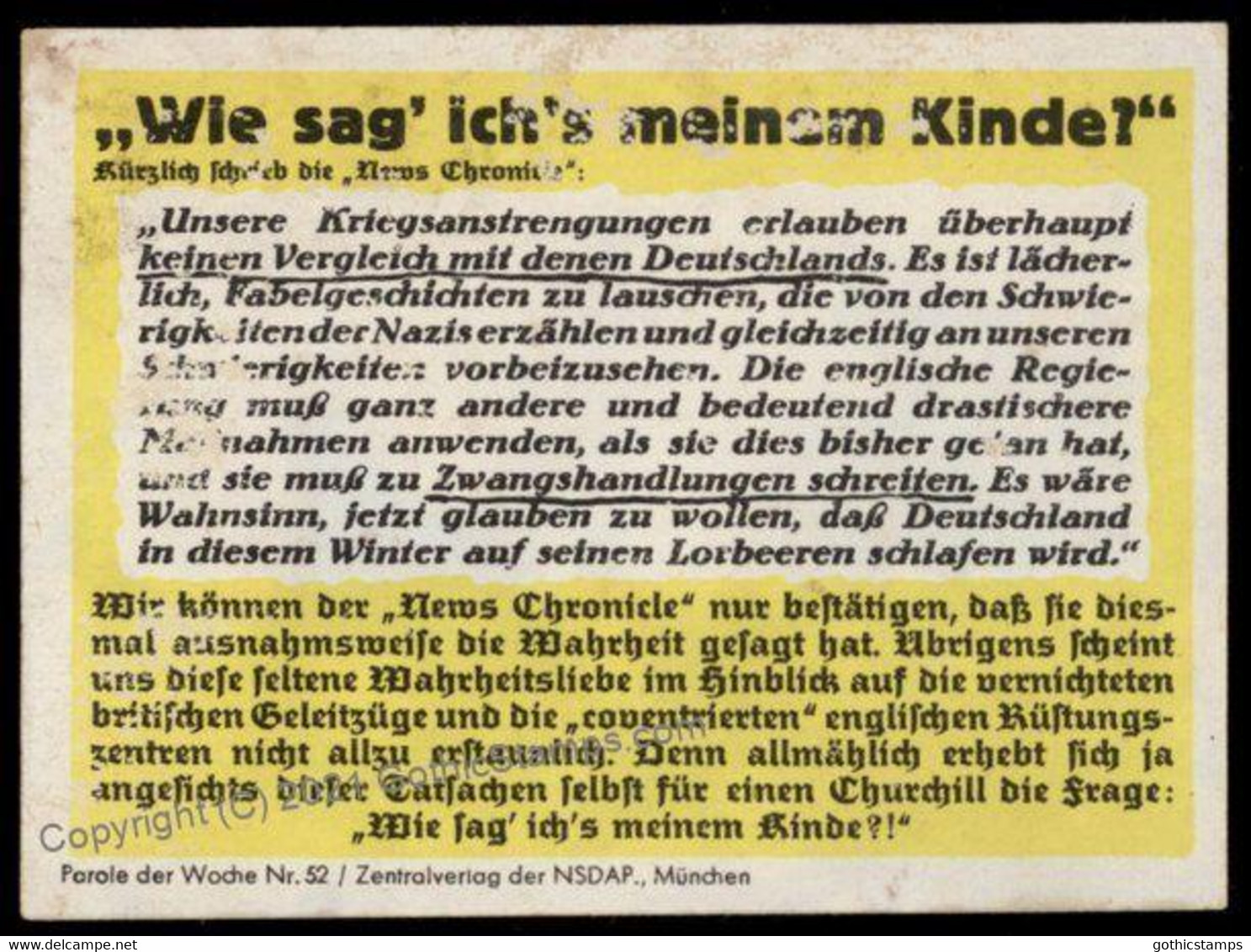3rd Reich Germany Goebbels Parole Der Woche Propaganda Plakat Sheetlet G72292 - Non Classés