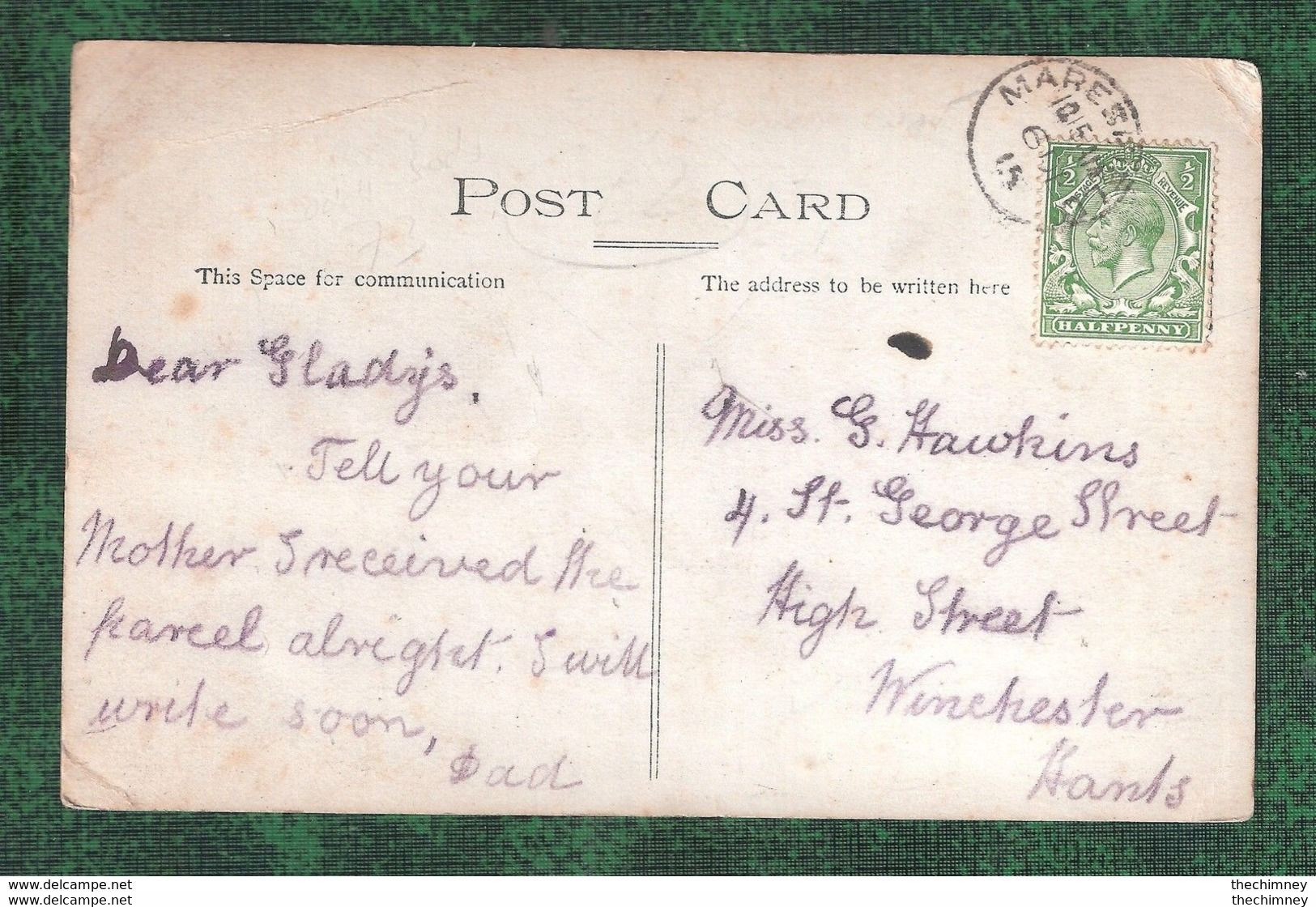 RP PARK MARESFIELD THIMBLE POSTMARK 1915 & DOWNEY KGV 1/2D GREEN STAMP - Otros & Sin Clasificación