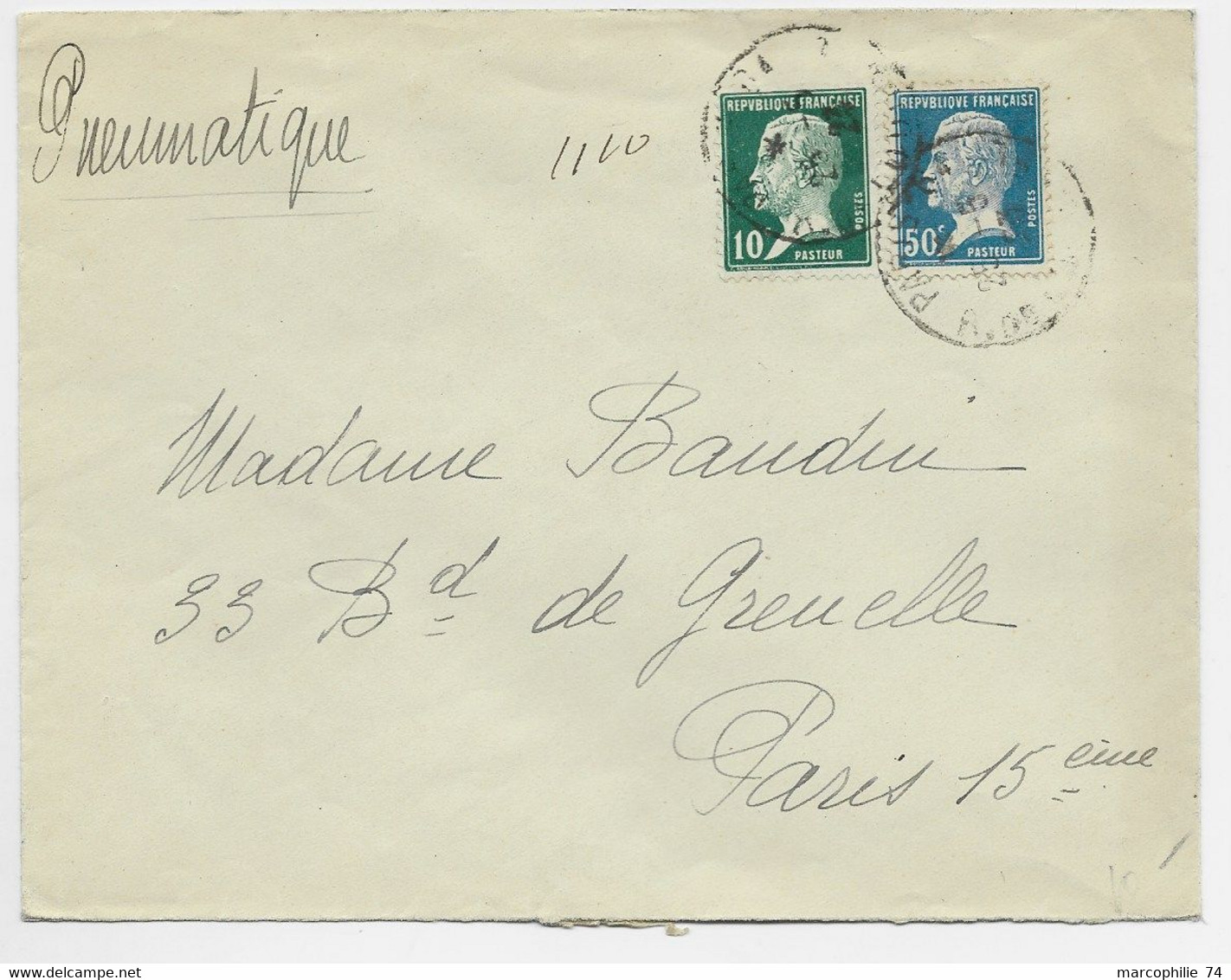 FRANCE PASTEUR  PASTEUR 50C+10C PNEUMATIQUE 25.5.1923 1ER JOUR DES TIMBRES RARE - 1922-26 Pasteur