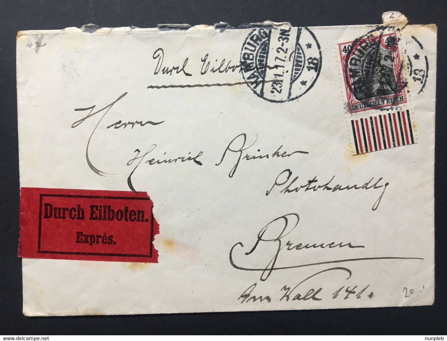 GERMANY Germania Cover 1917 Hamburg To Bremen Express - `Durch Eilboten Expres` - 40pf Rate - Lettres & Documents