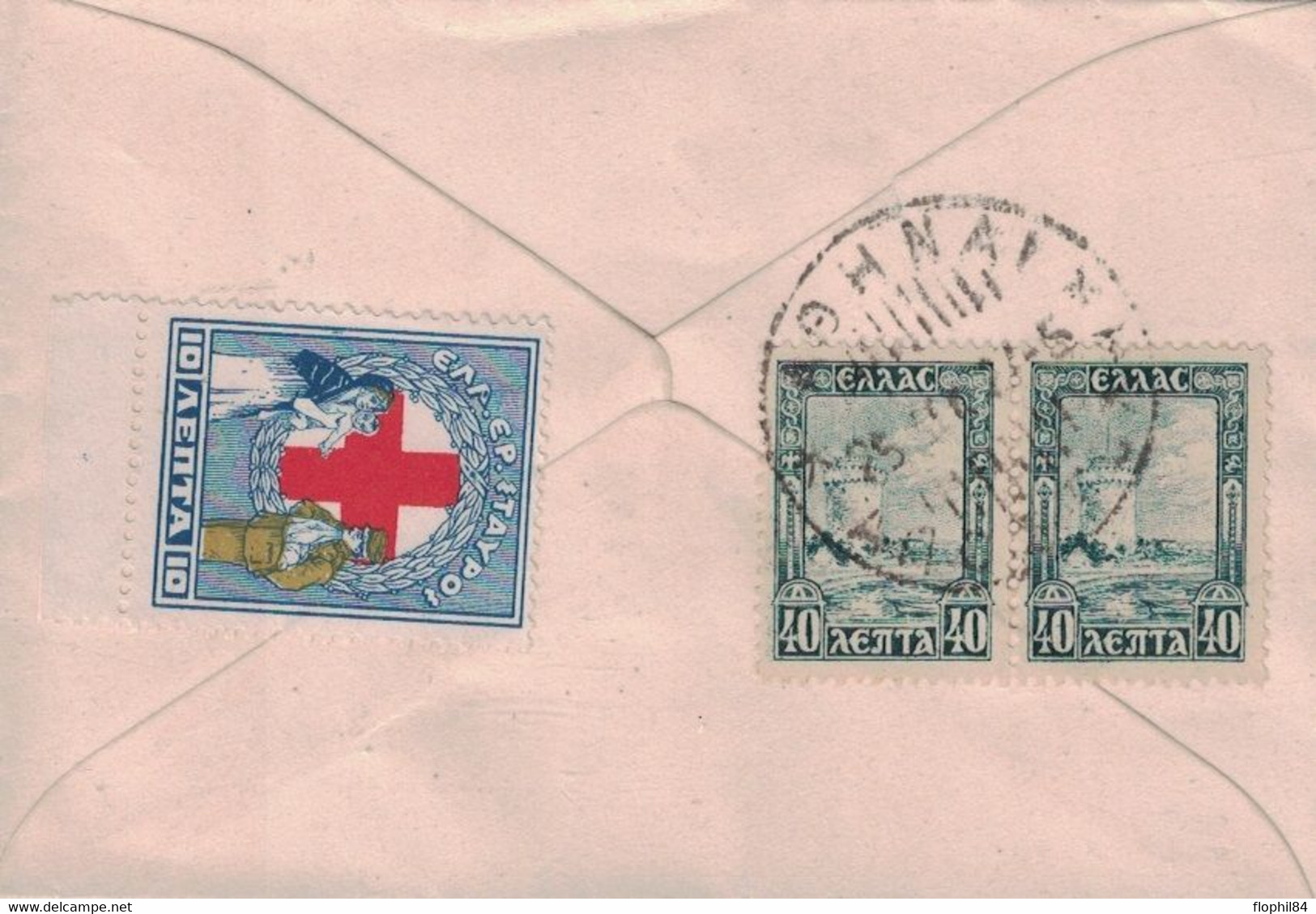 GRECE - LETTRE POUR LYON FRANCE AVEC VIGNETTE CROIX ROUGE. - Postal Logo & Postmarks