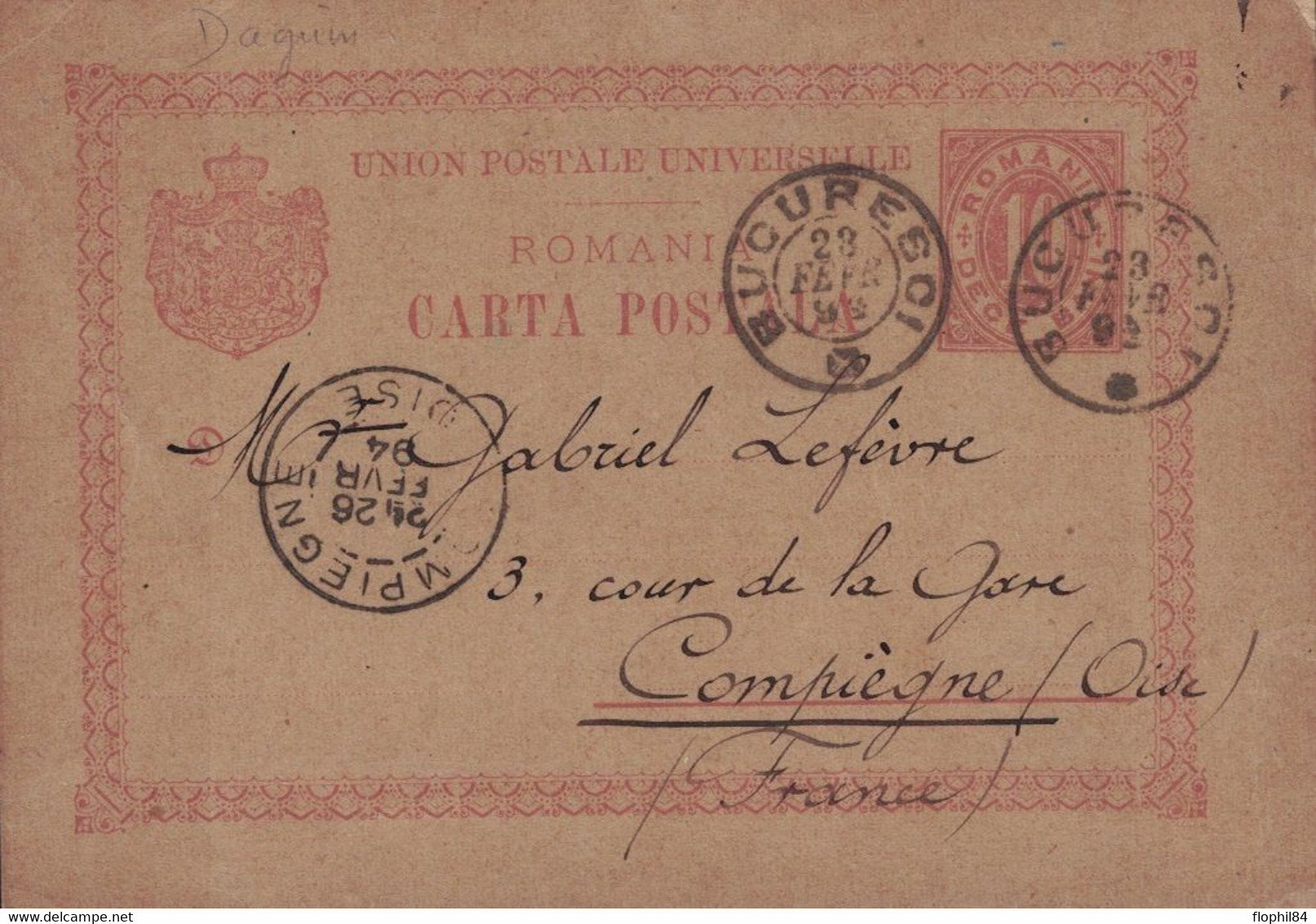 ROUMANIE - BUCAREST - 22 FEVRIER 1894 - ENTIER POSTAL POUR LA FRANCE - DAGUIN DE BUCAREST. - Storia Postale