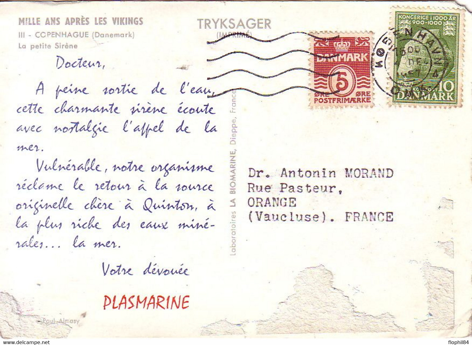 DANEMARK - COPENHAGUE - CARTE DU LABORATOIRE PLASMARINE - SERIE MILLE ANS APRES LES VIKINGS - CAMPAGNE DE 1957. - Franking Machines (EMA)