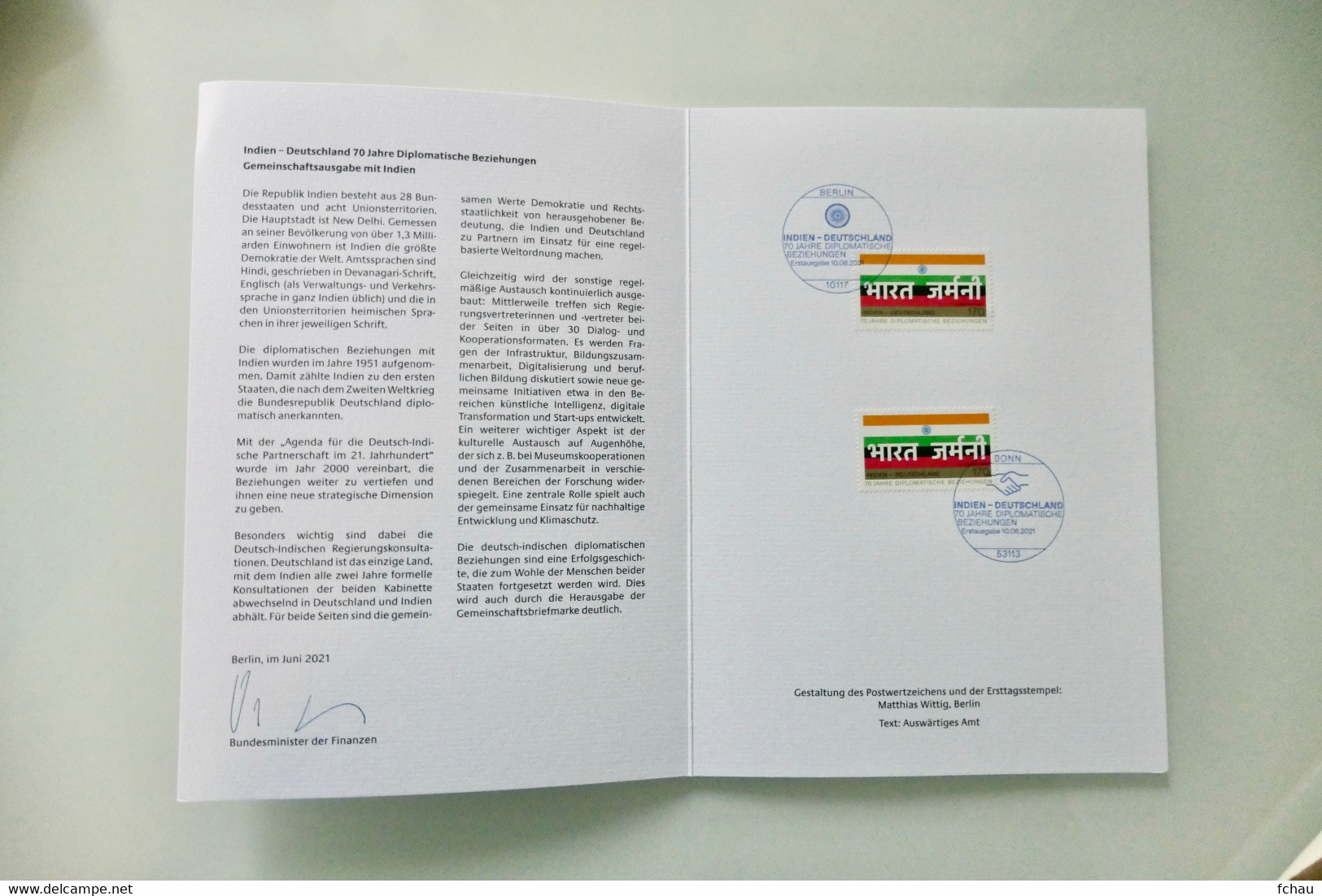 Germany Joint Issue 70 years of Diplomatic Relations with India Folder with both stamps, Minister Card, Leaflet  RAR