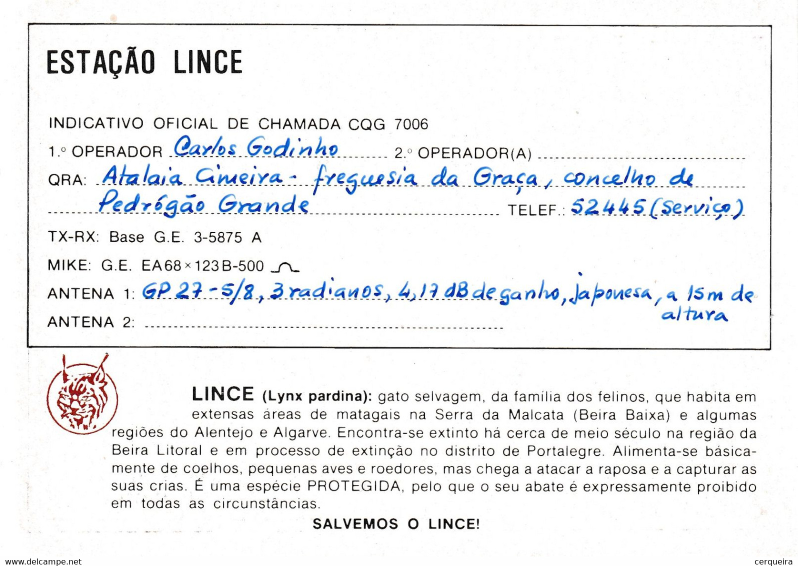 Postal  De Radio -amador- LINCE-PEDRÓGÃO   GRANDE - Radio