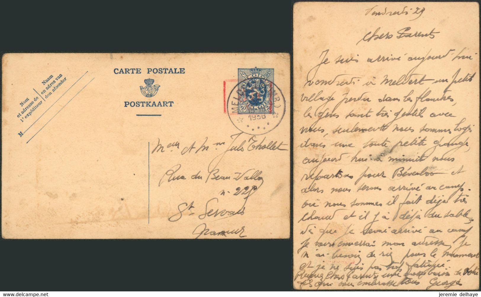EP Au Type 50ctm Bleu Surchargé 35C Rouge Obl Relais "Meldert (Limb)" (1936) > St-Servais. - Postcards 1934-1951