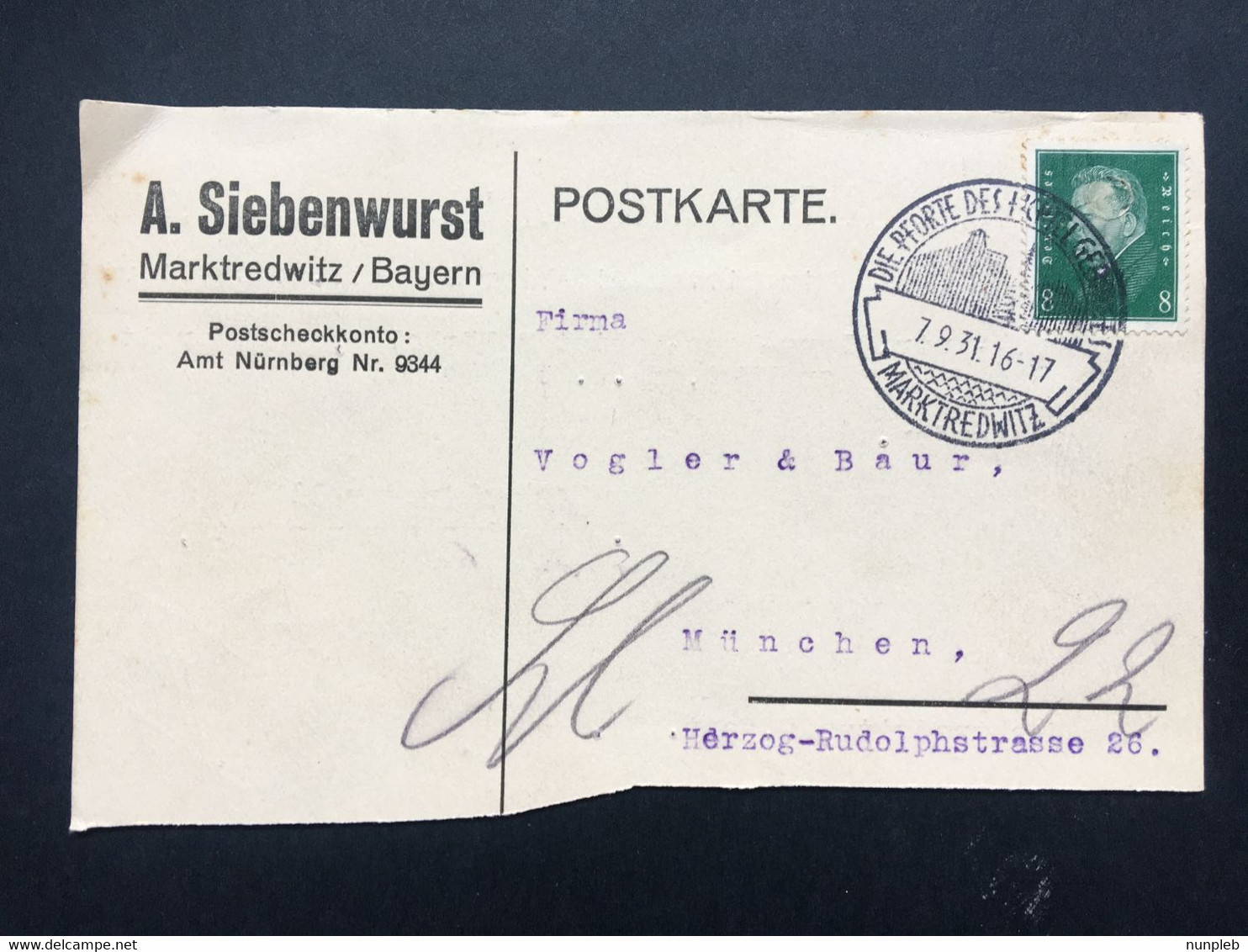 GERMANY 1931 Postkarte - Marktredwitz Handstamp Sonderstempel - `A. Siebenwurst` - Briefe U. Dokumente