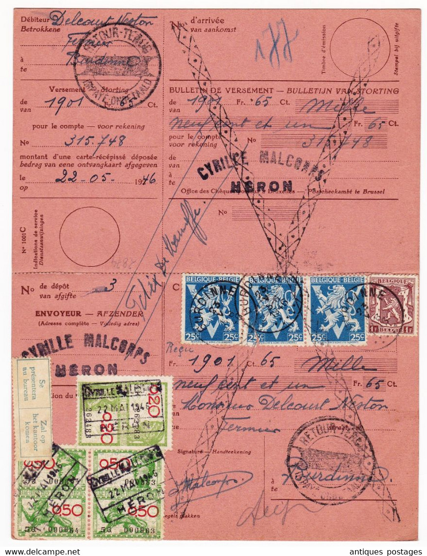 Bulletin De Versement Burdinne 1946 Belgique Héron Cyrille Malcors Timbres Fiscaux - Documenti