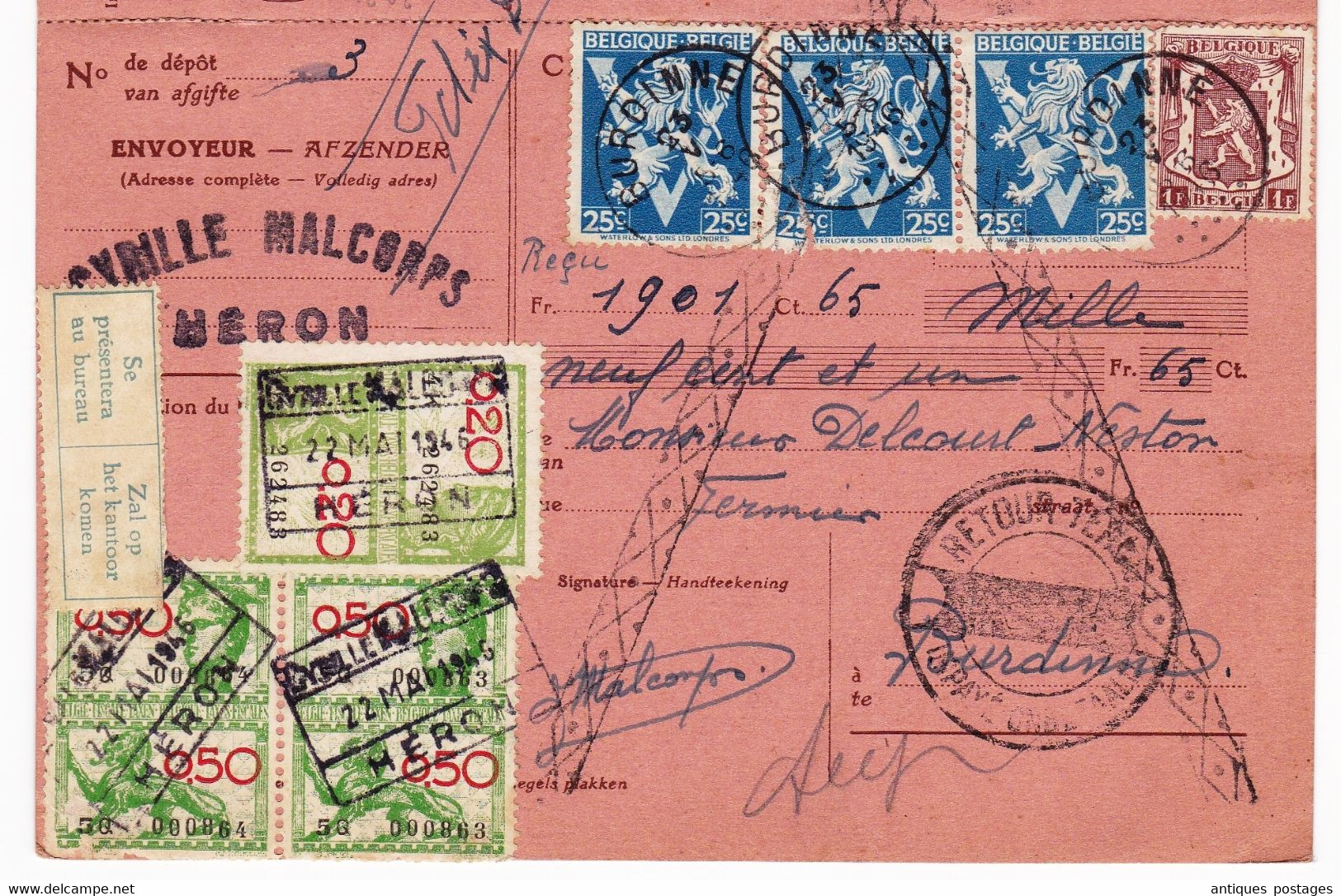 Bulletin De Versement Burdinne 1946 Belgique Héron Cyrille Malcors Timbres Fiscaux - Dokumente