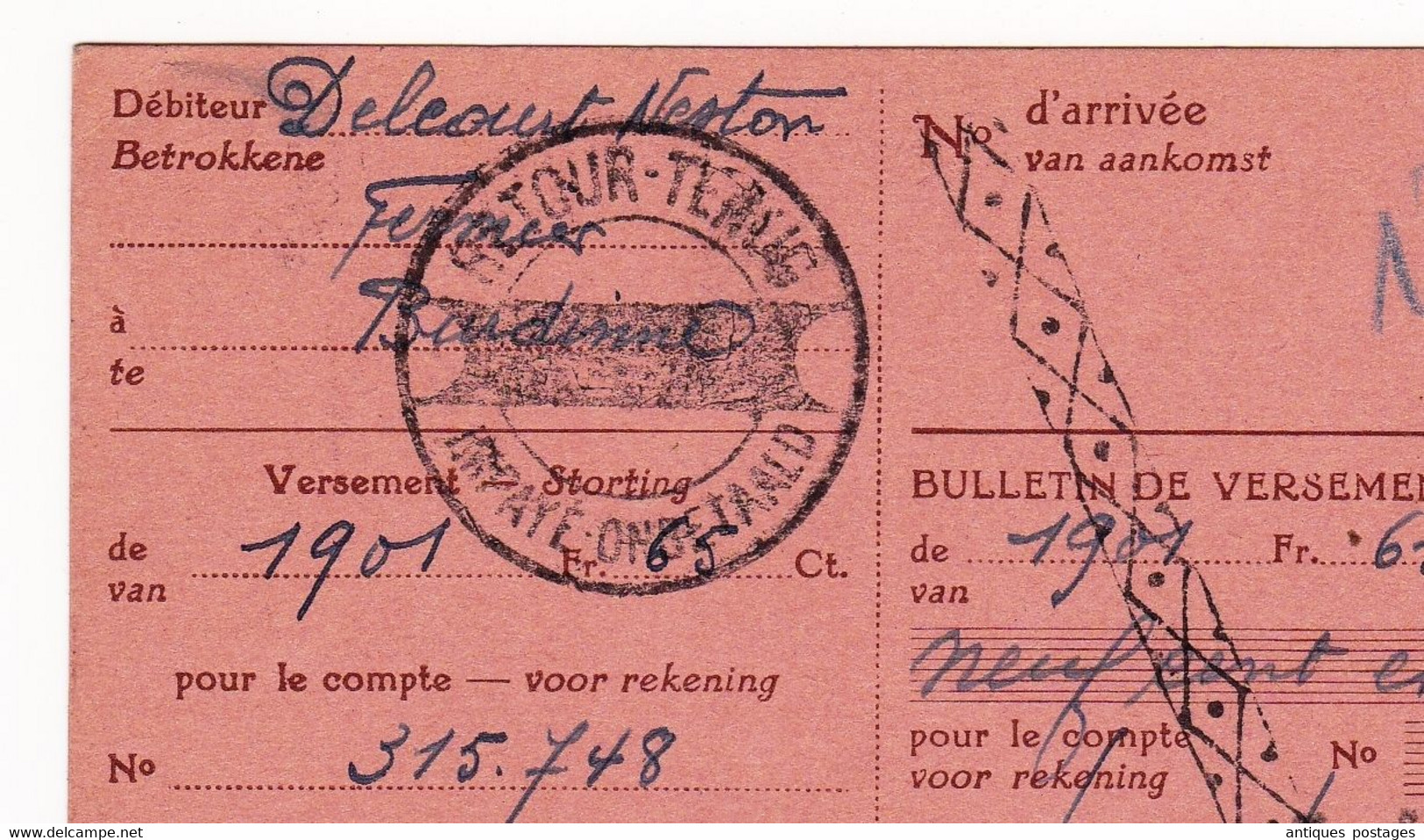 Bulletin de Versement Burdinne 1946 Belgique Héron Cyrille Malcors Timbres Fiscaux