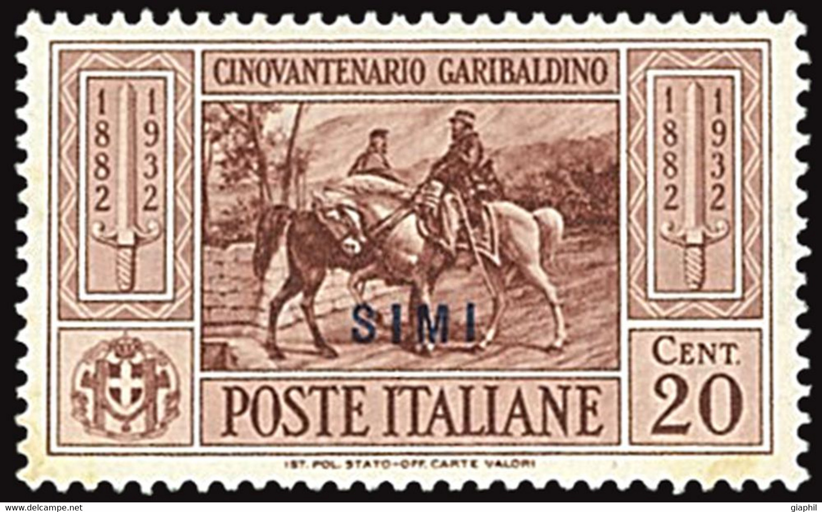 ITALIA ISOLE DELL'EGEO SIMI 1932 GARIBALDI 20 CENT. (Sass. 18) NUOVO MNH ** OFFERTA - Aegean (Simi)