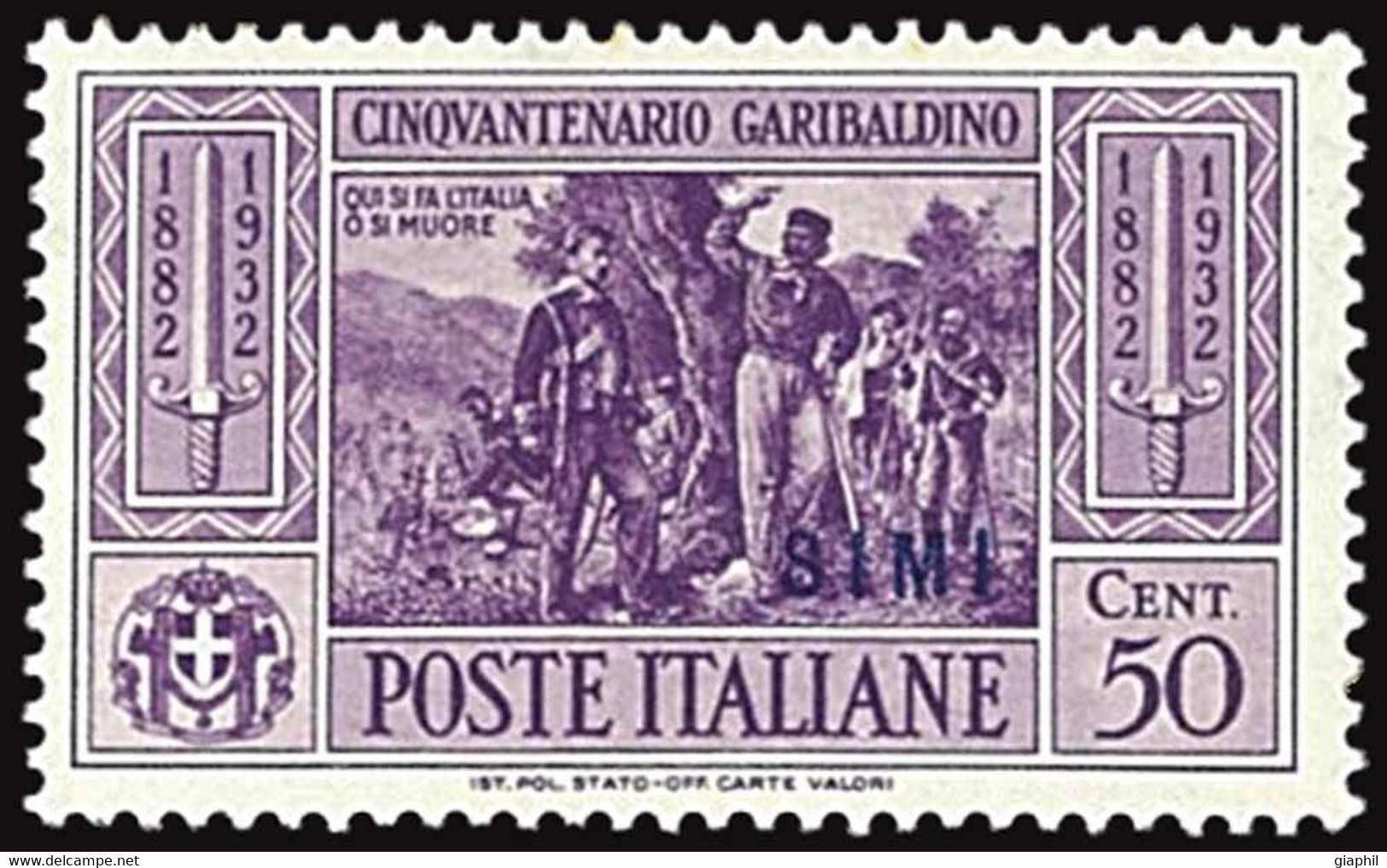 ITALIA ISOLE DELL'EGEO SIMI 1932 GARIBALDI 50 CENT. (Sass. 21) NUOVO MNH ** OFFERTA - Egée (Simi)