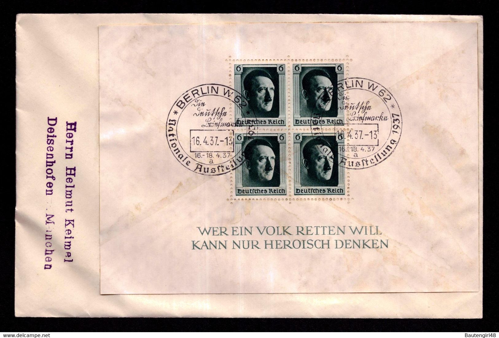 DR - Bl.7 - Mi.646 Mit Sonderstempel "Nationale Ausstellung BERLIN W 62 A" - Deisenhofen - 16.4.37 Auf Kuvert - Lettres & Documents