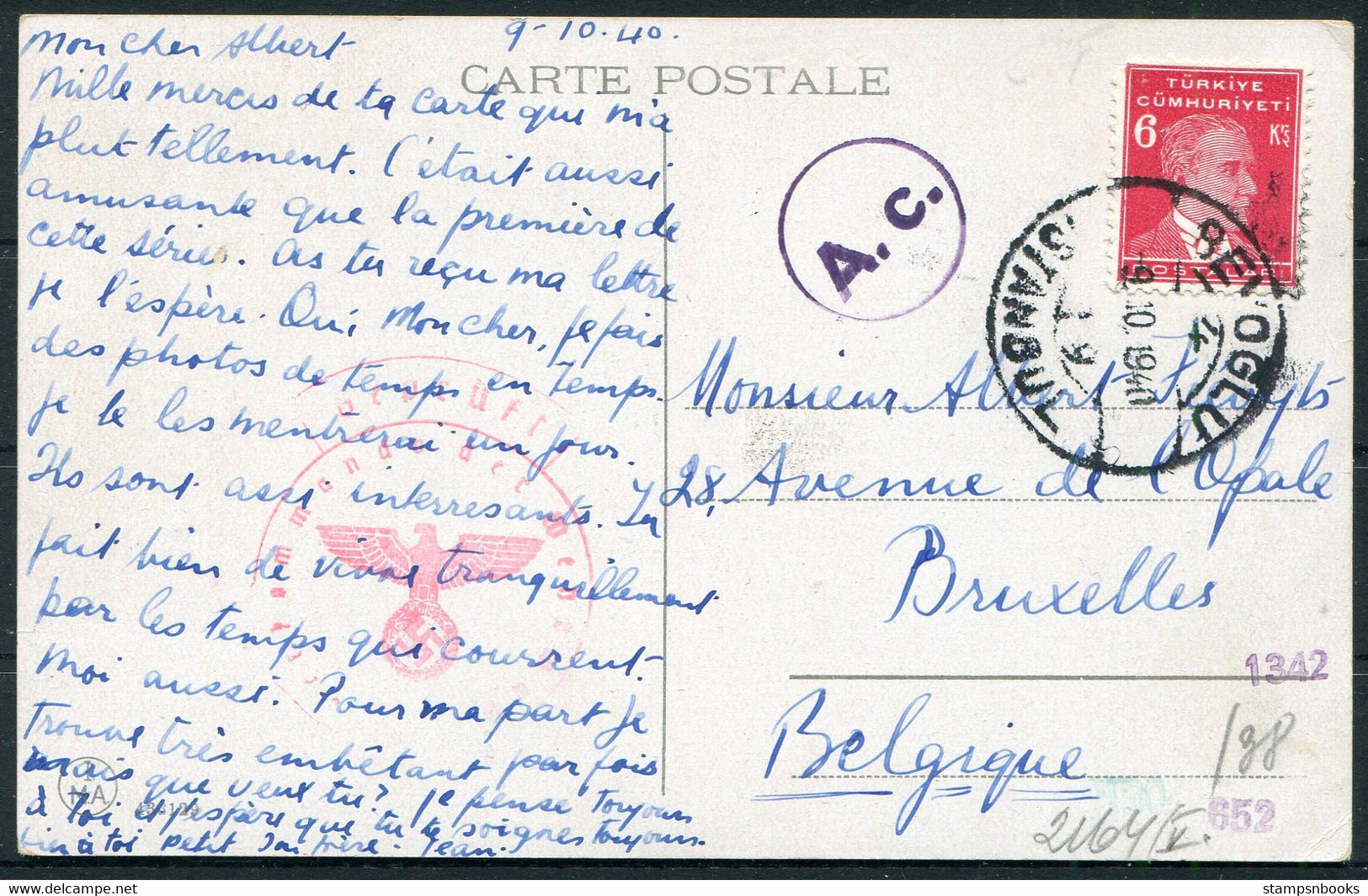 1940 (9th Oct) Turkey Istanbul Citernes Byzantines Postcard - Bruxelles Belgium Censor - Covers & Documents