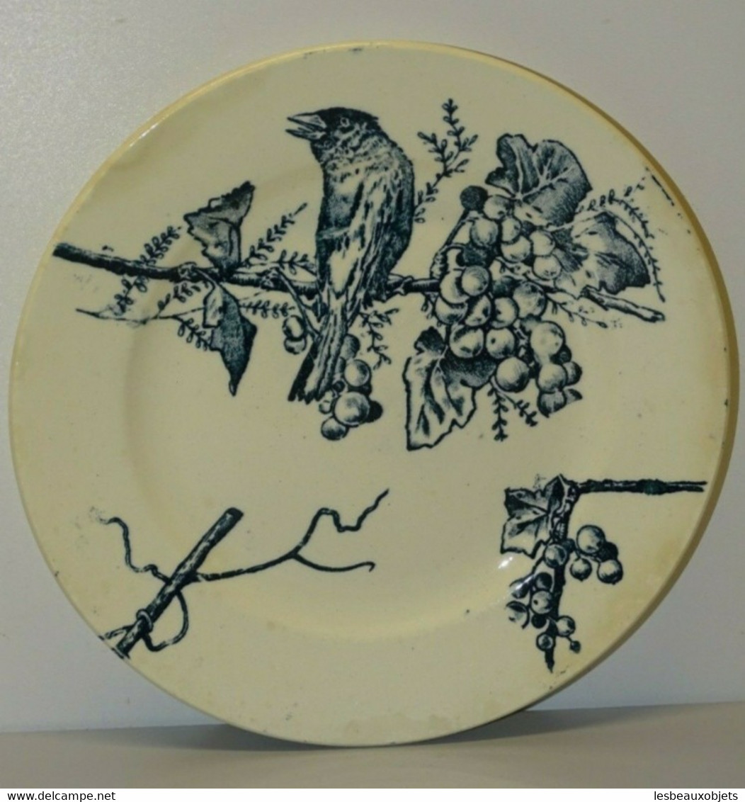 ANCIENNE ASSIETTE TERRE de FER HB & Cie OISEAU sur BRANCHE Vigne BLEUE VITRINE