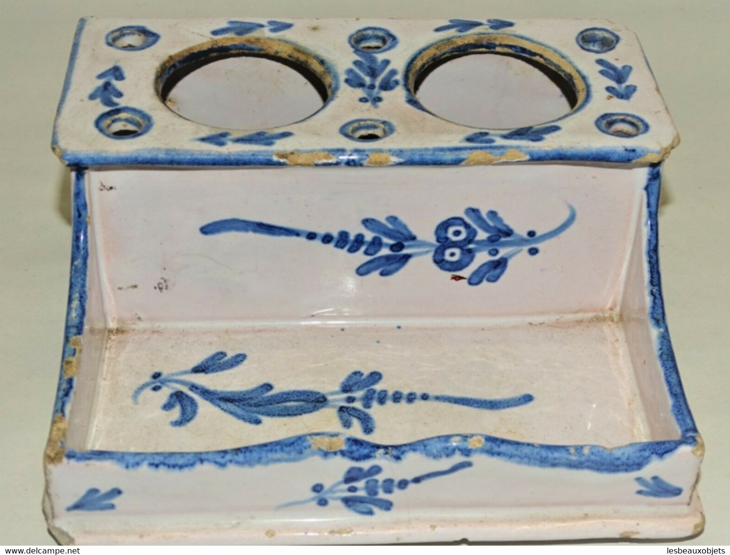 BEL ENCRIER XVIIIe COULEUR BLANC/BLEU Avec USURES Sans Les Godets COLLECTION - Inkwells