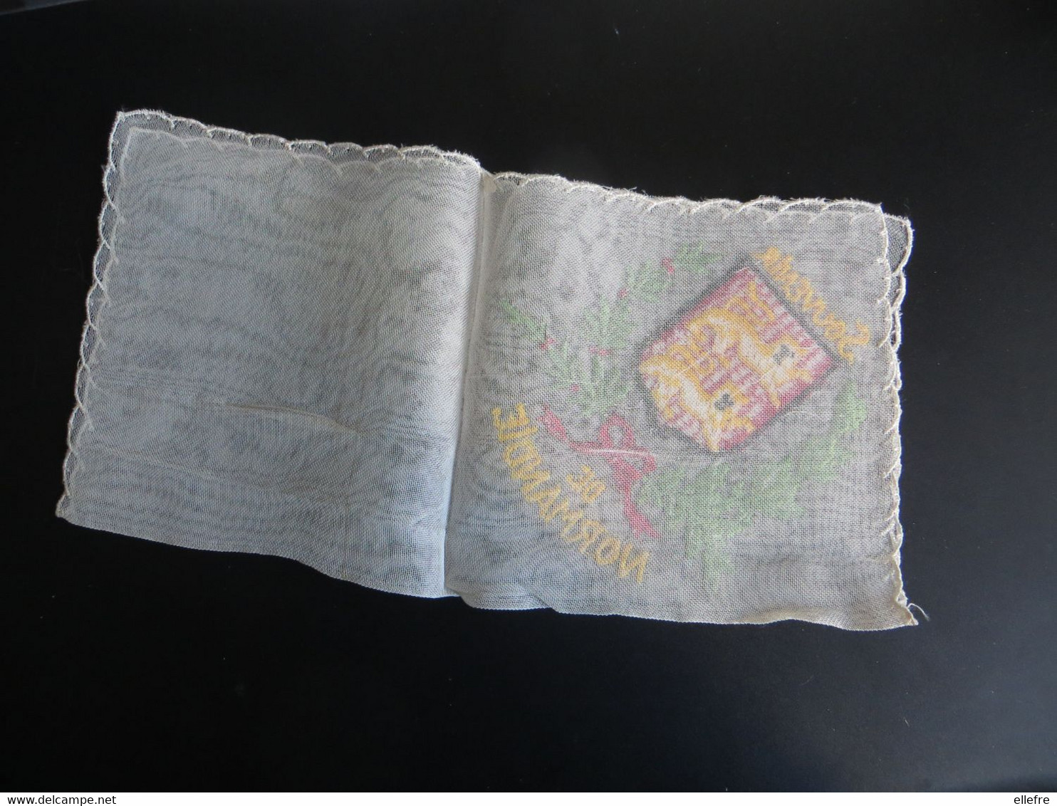 Pochette  Ancienne Brodée Taille Mouchoir SOUVENIR DE NORMANDIE Avec Blason Tissu Taffetas Ou Tulle Bord Broderie - Handkerchiefs