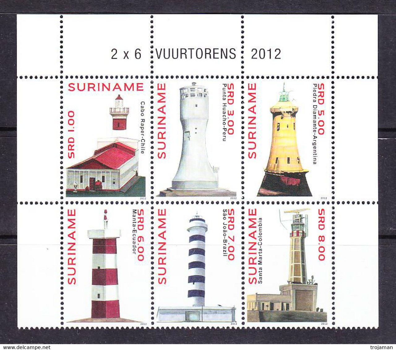 EX-PR-21-08 SURINAME. LIGHTHOUSES. 2012. MICHEL 2608-2613 = 18.0 EURO. MNH**. STARTING PRICE APPROXIMATELY FACE VALUE. - Surinam