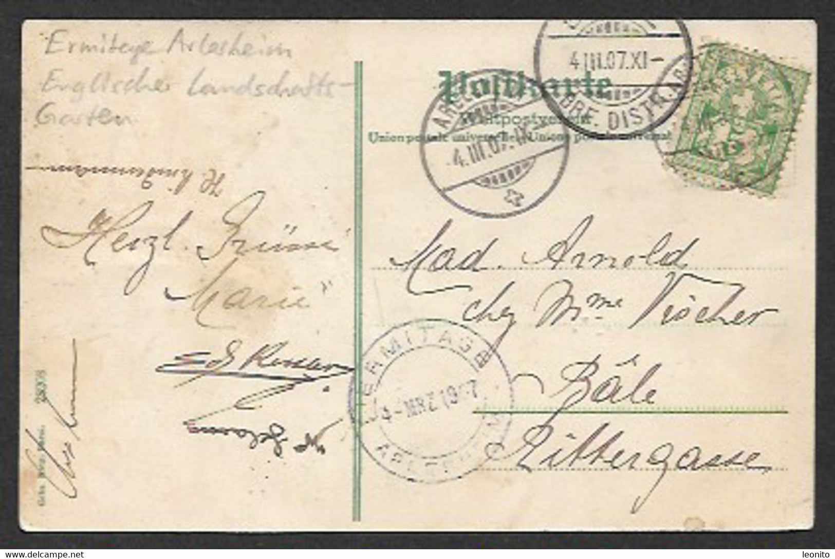 SCHLOSS BIRSECK BL Stempel ERMITAGE ARLESHEIM Englischer Landschaftsgarten 1907 - Arlesheim