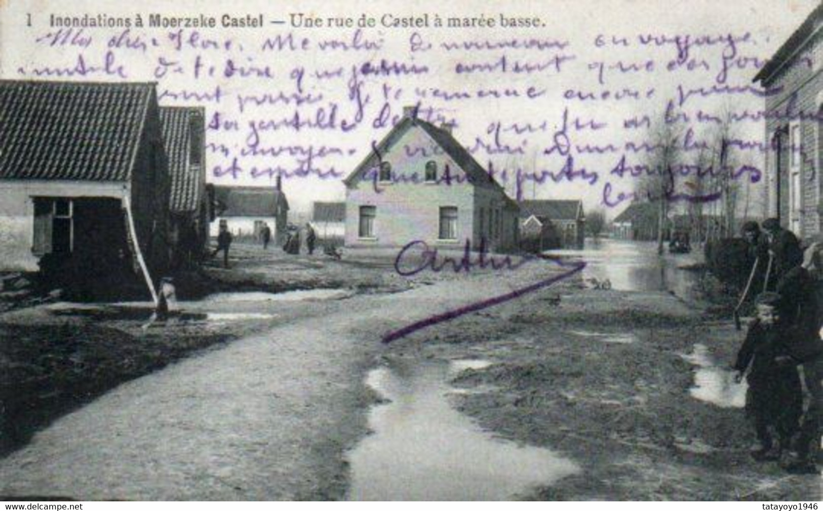 Moerzeke Castel  Inondations   Une Rue De  Castel à Marée Basse Animée Voyagé En 1906 - Moerbeke-Waas