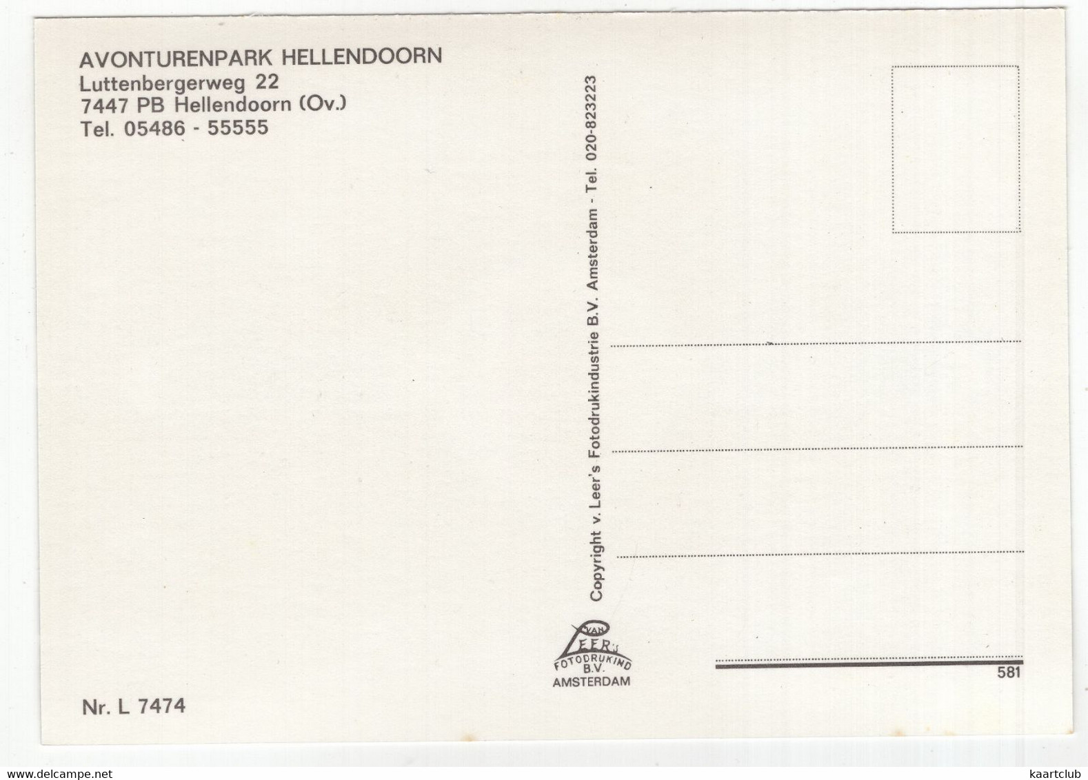 Hellendoorn - Avonturenpark: O.a 'Mono-rail' En 'Autoscooter'  - Luttenbergerweg 22 - (Ov. Nederland) Nr. L 7474 - Hellendoorn