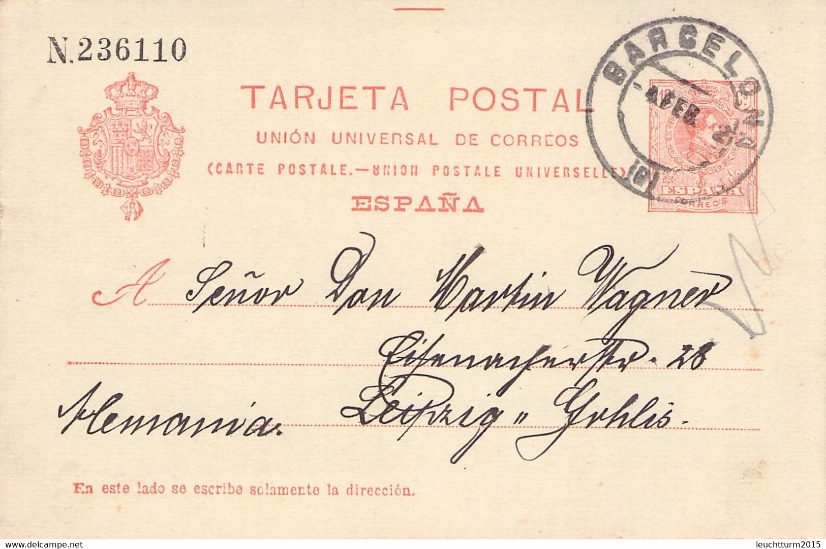 SPAIN - TARJETA POSTAL 1912 BARCELONA > LEIPZIG -57 Mm-  / G219 - 1850-1931