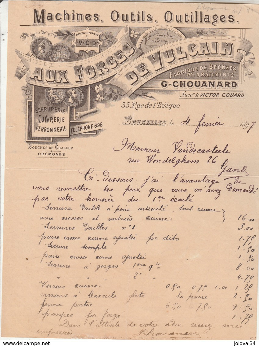 Belgique Facture Illustrée 4/2/1897 CHOUANARD Aux Forges De Vulcain Machines Outils Bronzes  BRUXELLES - 1800 – 1899