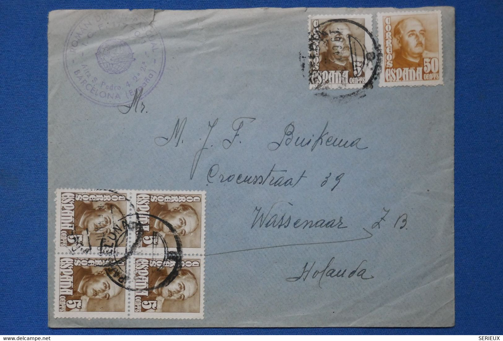 #2  ESPAGNE BELLE LETTRE  1935    POUR  WASSENAR + BLOC DE T.P + AFFRANCH. INTERESSANT - Covers & Documents
