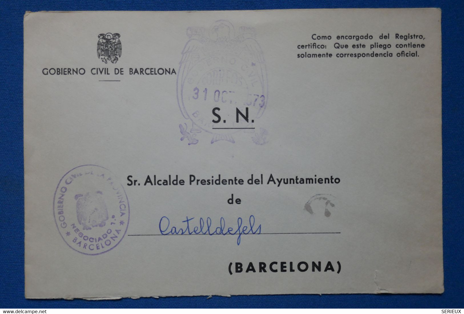 #2  ESPANA BELLE LETTRE   1973 SN  MINISTERIO  BARCELONA    POUR CASTELLDELFELS  +  + AFFRANCH. INTERESSANT - Covers & Documents