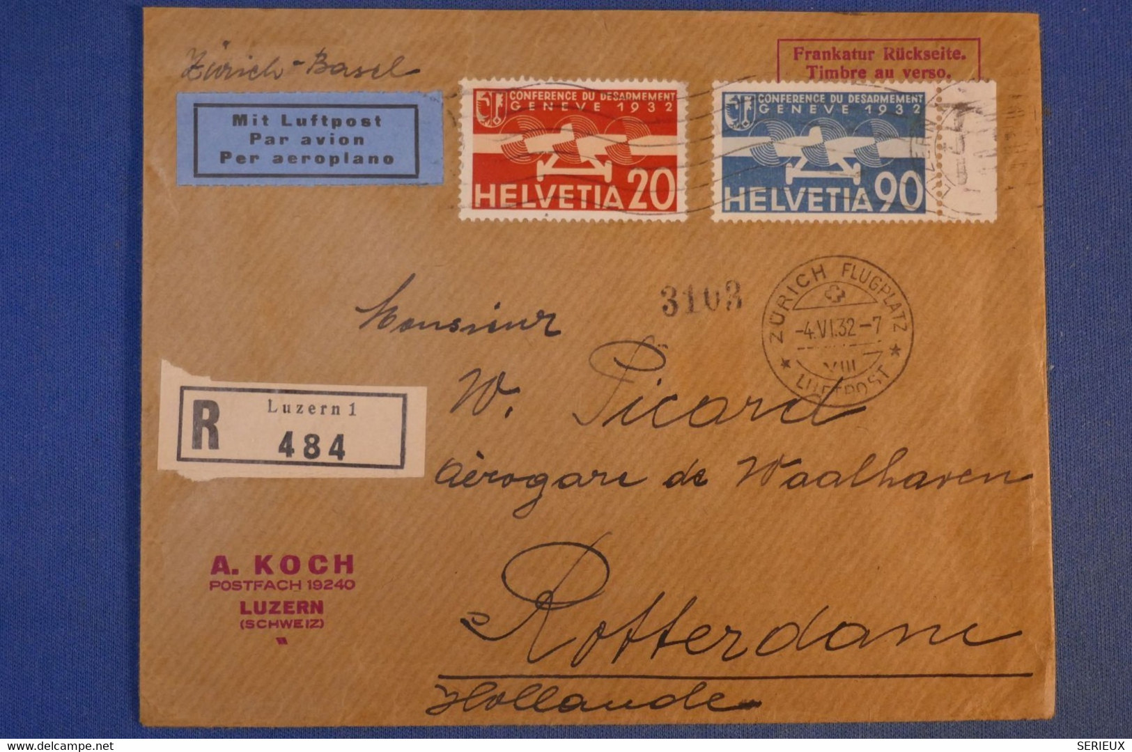 E9 SUISSE BELLE LETTRE RARE 1932 PAR AVION ZURICH BASEL POUR AMSTERDAM + TIMBRES TRES COTéS +BEL AFFRANCHISSEMENT - Otros & Sin Clasificación