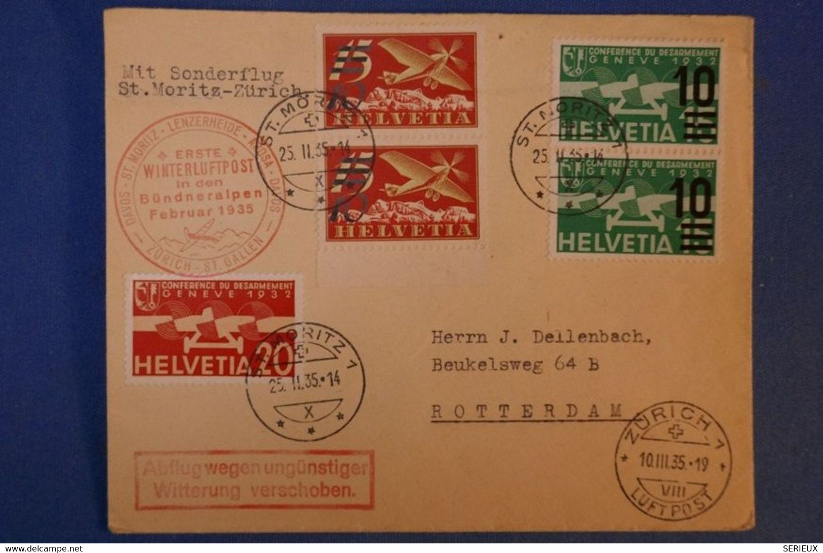 E9 SUISSE BELLE LETTRE RARE 1935 PAR AVION ST MORITZ POUR ROTTERDAM + PAIRES TIMBRES SURCHARGéS TRES COTéS - Sonstige & Ohne Zuordnung