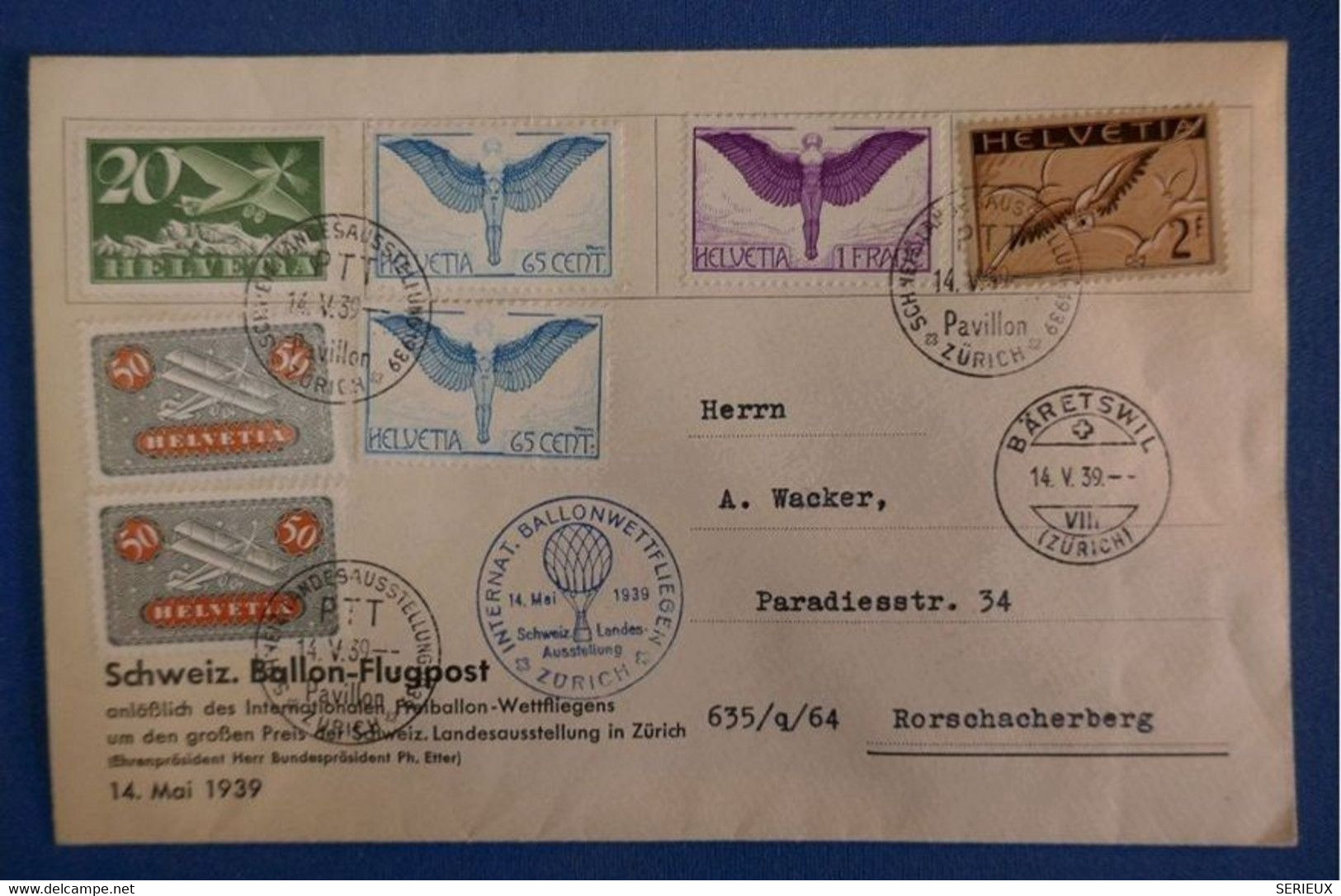 E8 SUISSE BELLE LETTRE RARE 1939 BALLON FLUGPOST ZURICH POUR RORSCHACHERBERG + ICARUS ET AFFRANCHISSEMENT PLAISANT - Other & Unclassified