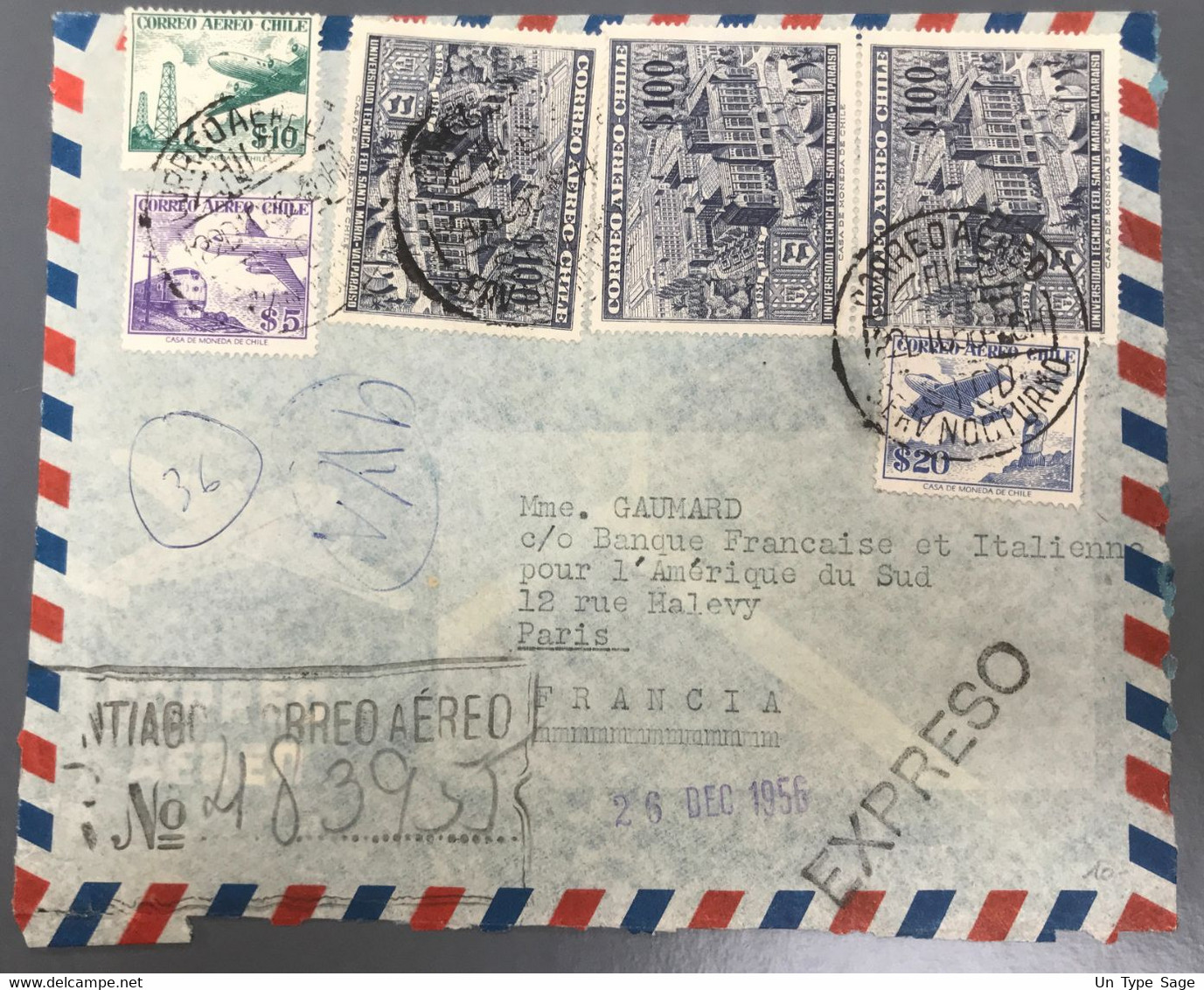 CHILI Divers Sur Enveloppe 1941 Pour Paris 1956 Par EXPRESS (Expresso) - (A1378) - Chile