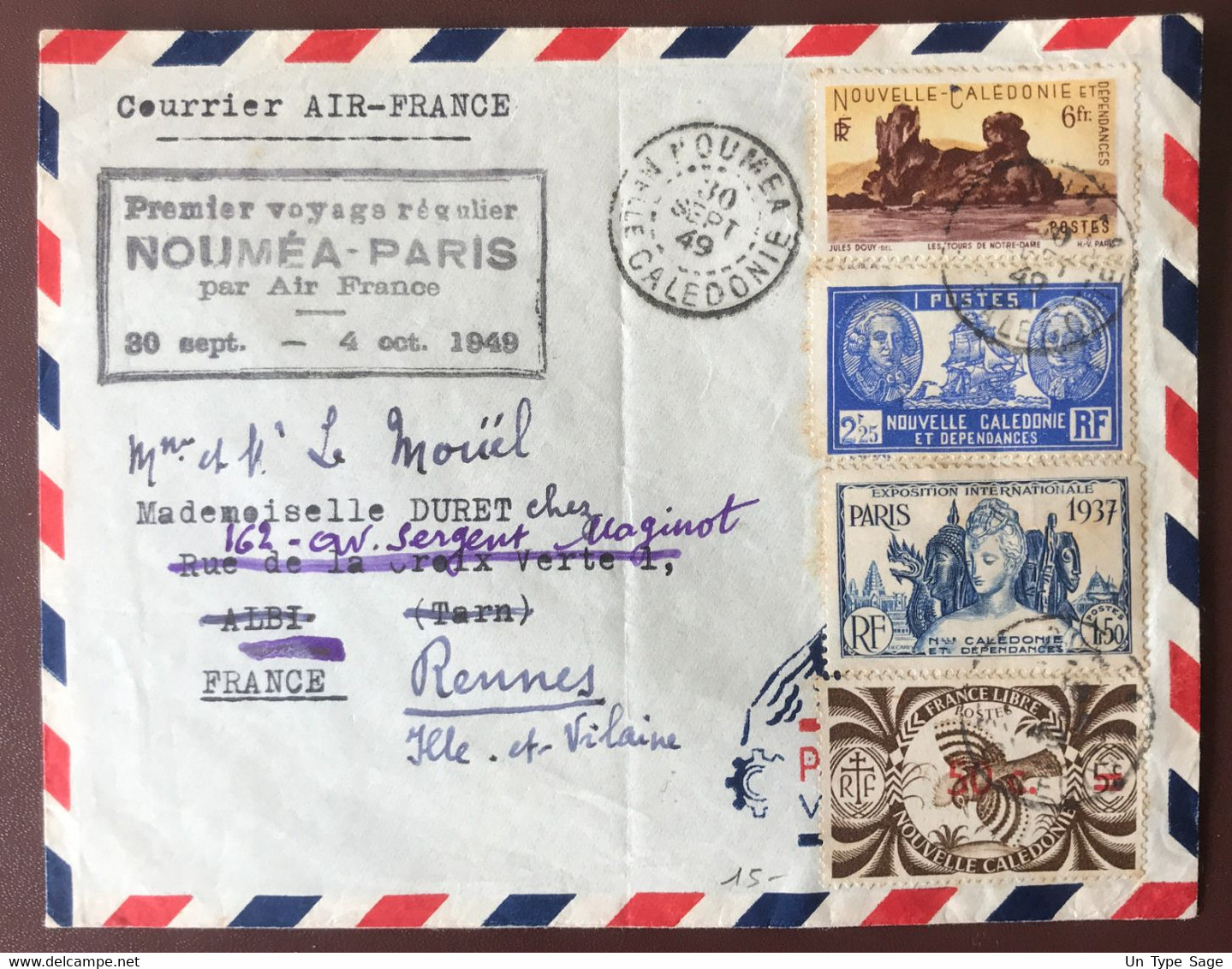 France Poste Aérienne - Premier Voyage Régulier NOUMEA - PARIS (Air France) 30.9.1949 - (A1382) - 1960-.... Lettres & Documents