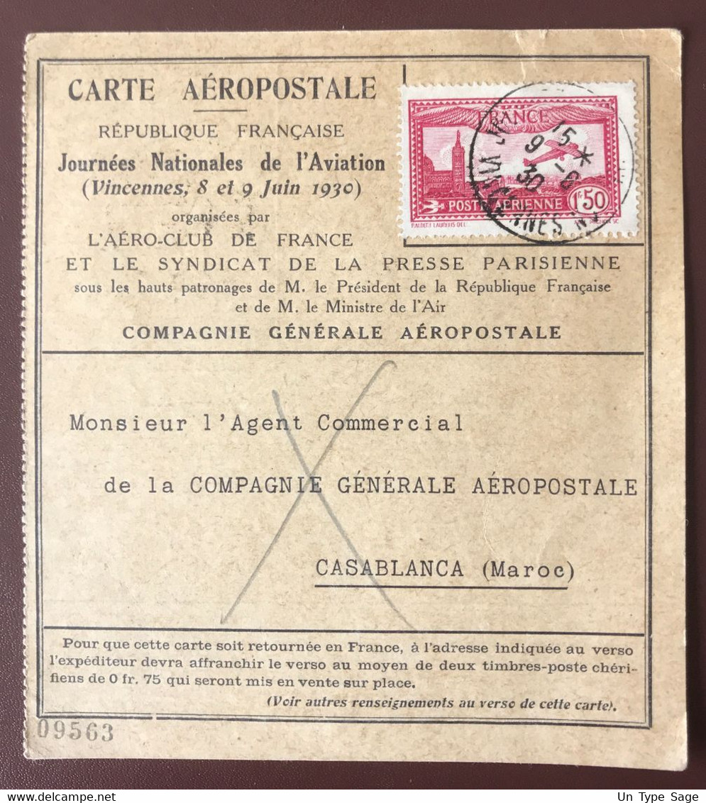 FRANCE PA N°6 Sur CARTE AEROPOSTALE 9.6.1930 + MAROC PA N°5 (x2) Au Verso - (A1384) - 1960-.... Covers & Documents