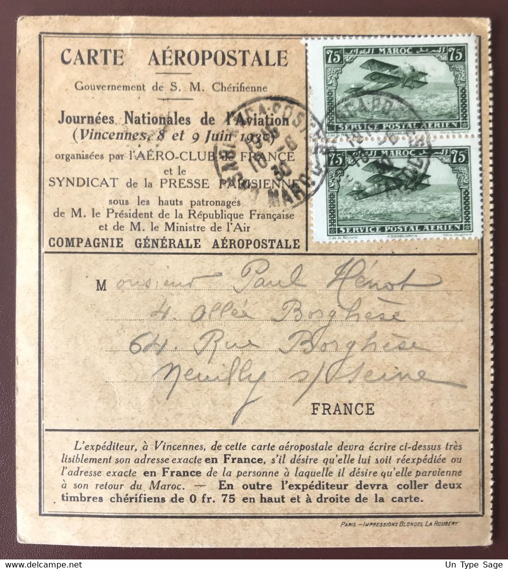 FRANCE PA N°6 Sur CARTE AEROPOSTALE 9.6.1930 + MAROC PA N°5 (x2) Au Verso - (A1384) - 1960-.... Cartas & Documentos