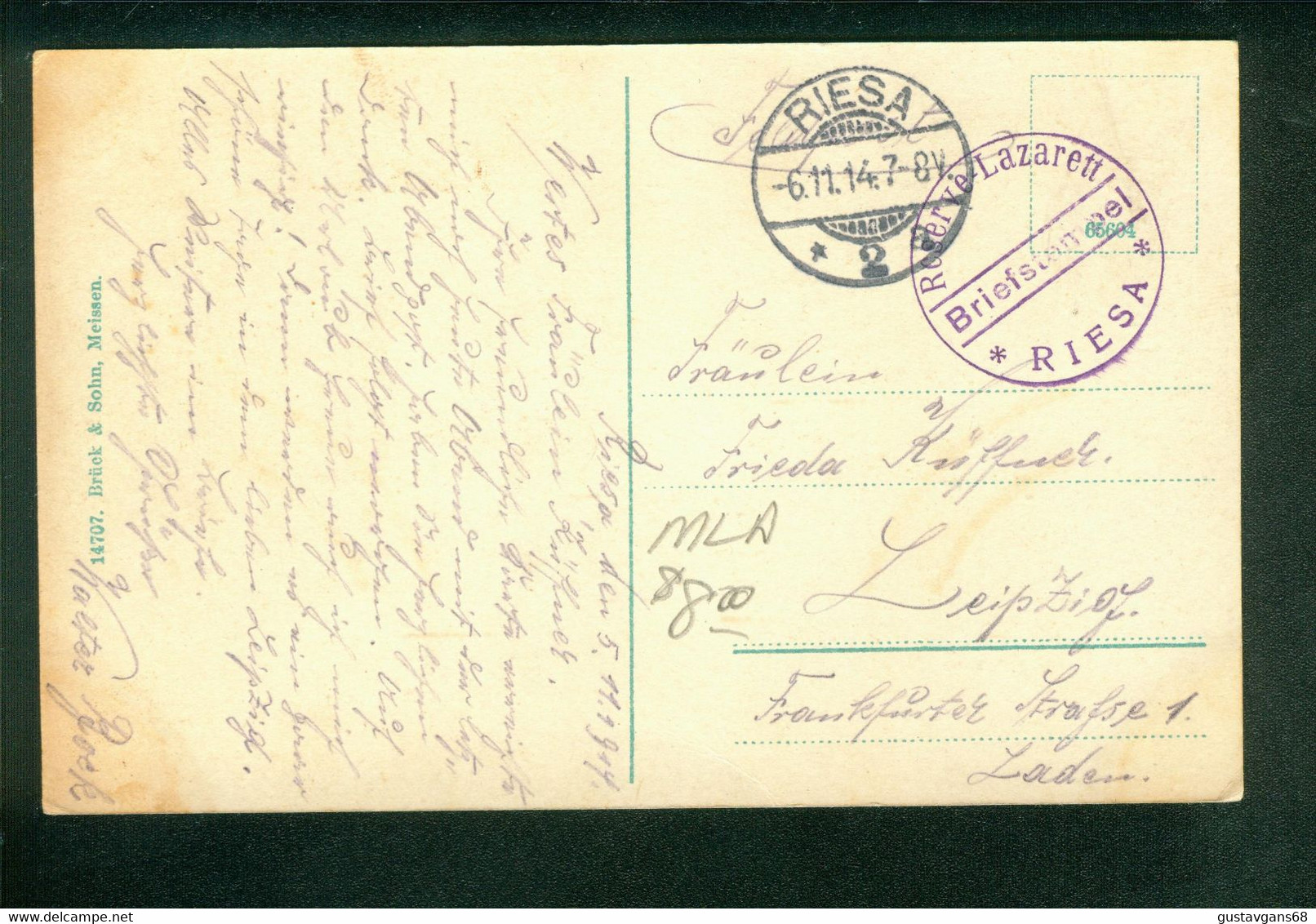 AK Riesa, Elbquai, Feldpost WK I, Briefstempel Reserve-Lazarett Riesa, Gel.1914 - Riesa