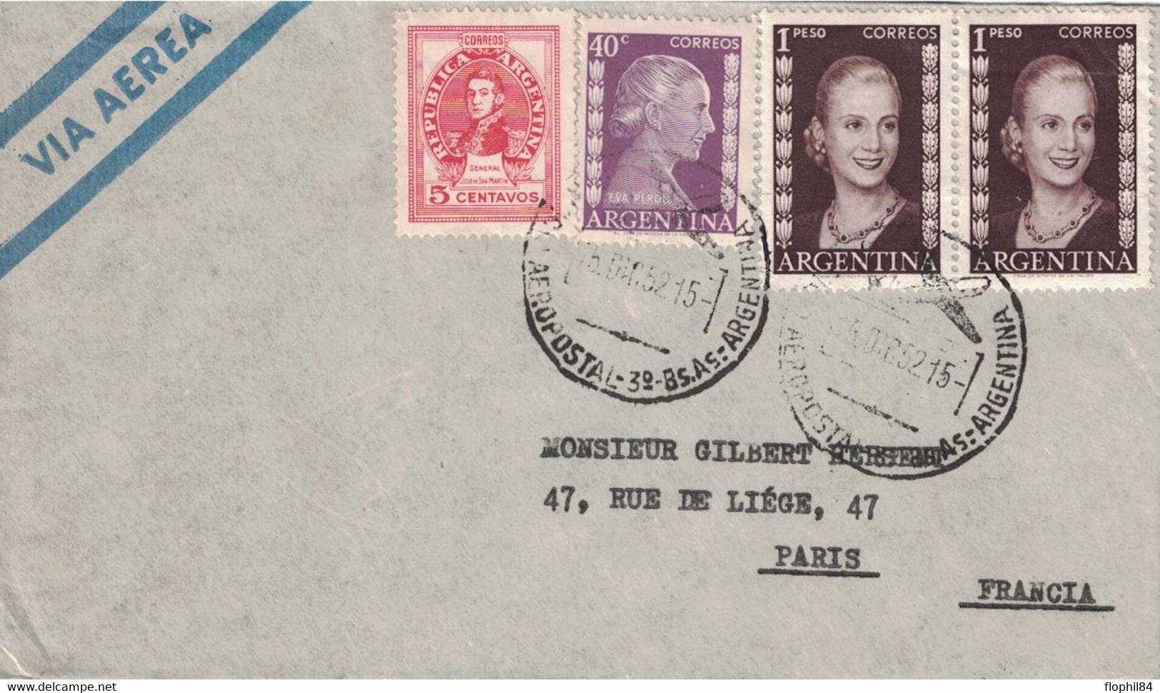 ARGENTINE - AEROPOSTAL ARGENTINA - BEL AFFRANCHISSEMENT POUR LA FRANCE LE 15-10-1952. - Lettres & Documents