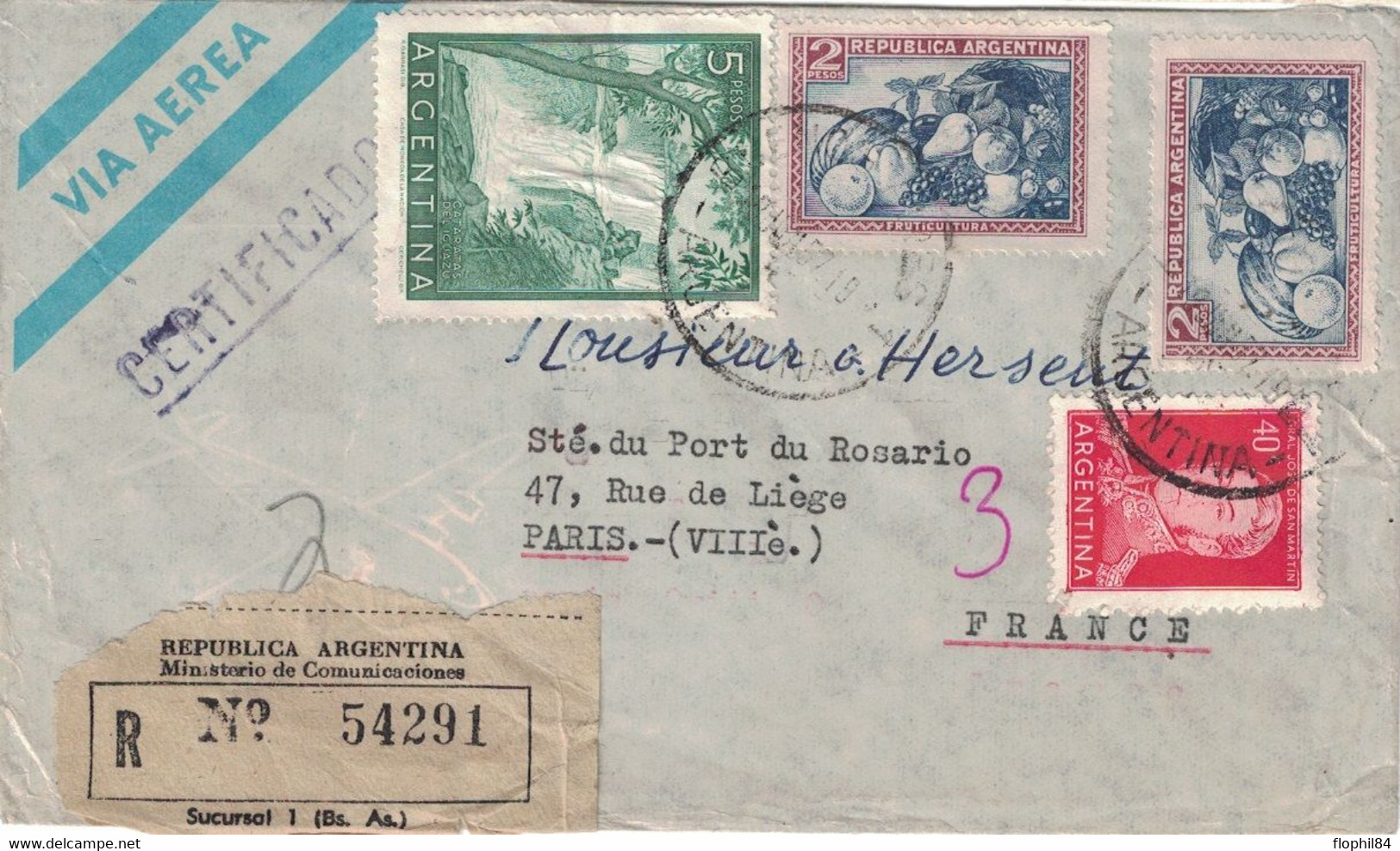 ARGENTINE - LETTRE RECOMMANDEE PAR AVION - BEL AFFRANCHISSEMENT POUR LA FRANCE EN 1957. - Lettres & Documents