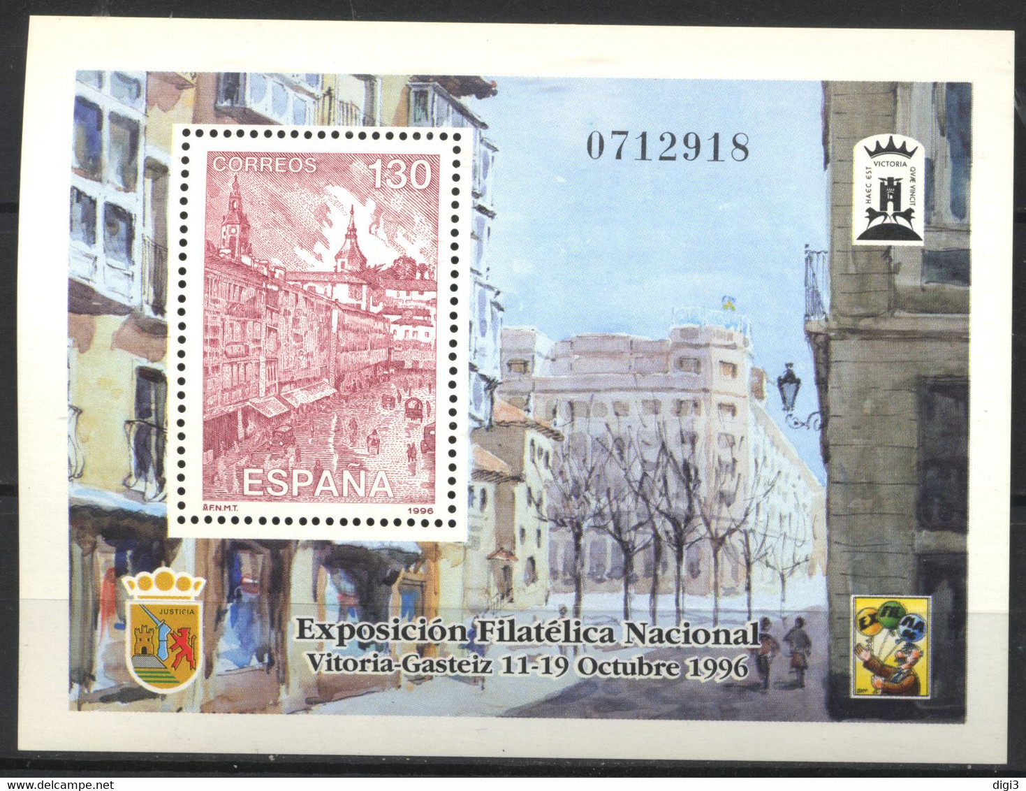 España, 1996, Exposiciòn Filatélica Nacional, EXFILNA 96, Vitoria-Gasteiz, Hojita, MNH** - Fogli Ricordo