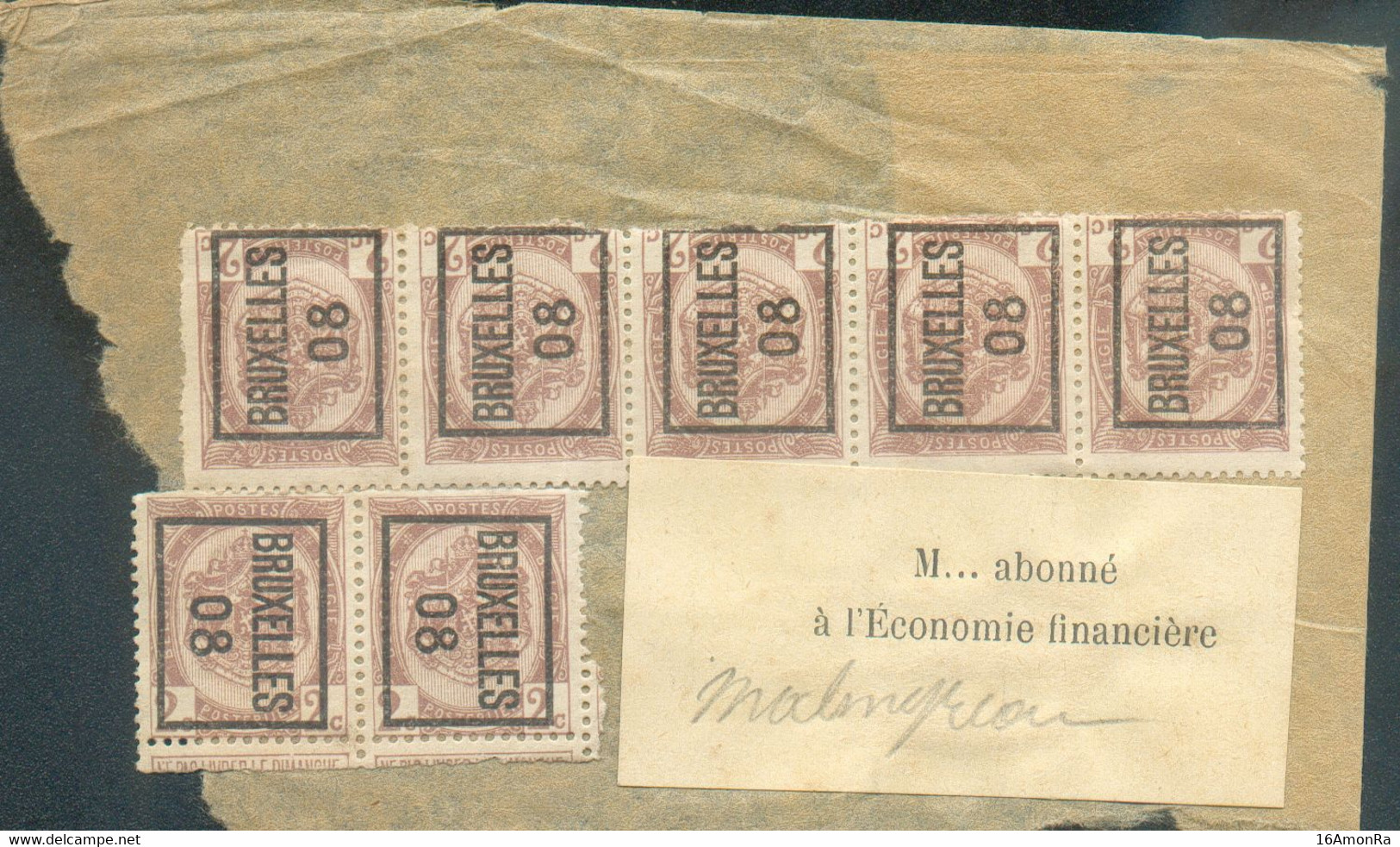 2 Centimes ARMOIRIES (bande De 5 Et Paire) PREO BRUXELLES 08 Sur Devant De Bande D'imprimée Vers Macquenoise  - 18557 - Typos 1906-12 (Armoiries)