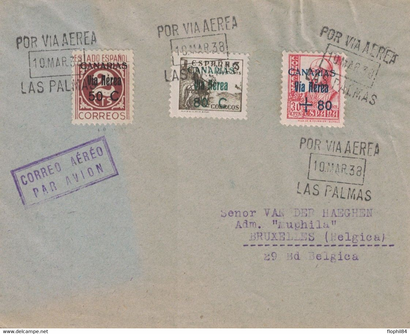 ESPAGNE - LAS PALMAS - POR VIA AERA - 10 MARS 1938 - LETTRE POUR LA BELGIQUE. - Brieven En Documenten