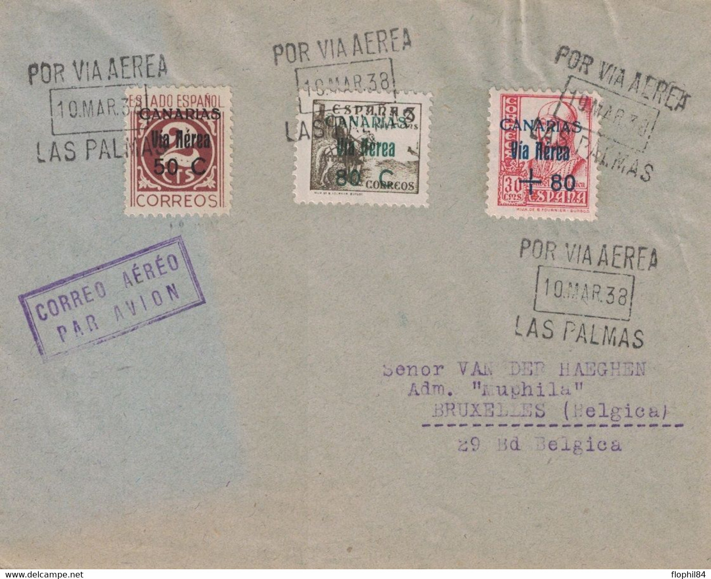 ESPAGNE - LAS PALMAS - POR VIA AERA - 10 MARS 1938 - LETTRE POUR LA BELGIQUE. - Cartas & Documentos
