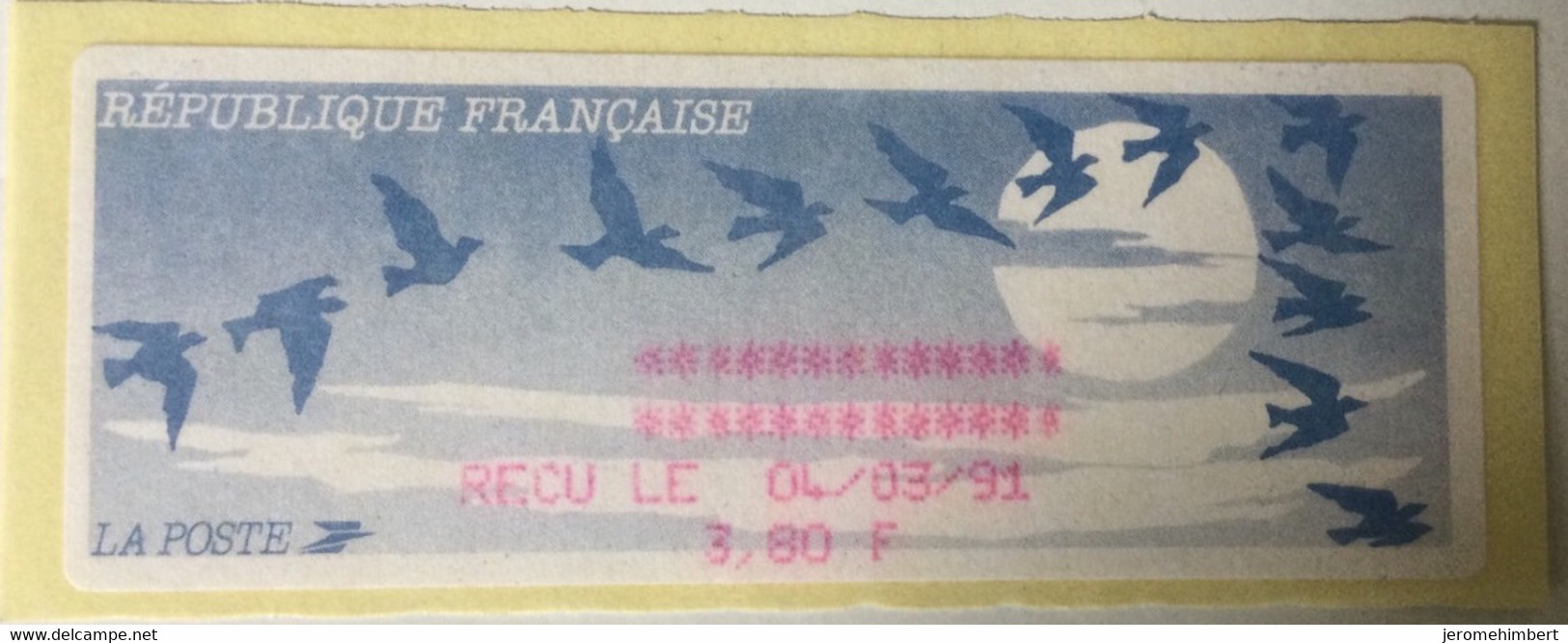 ATM LISA 3,8f Bleu Foncé REÇU Le 04/03/91encre Rouge - 1990 « Oiseaux De Jubert »