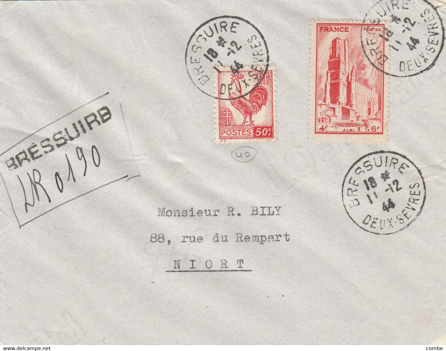 LETTRE. 11 12 1944. RECOMMANDE PROVISOIRE. 4,50Fr. COQ 50c + COMPLEMENT SURTAXE ALBI. BRESSUIRE DEUX-SEVRES. POUR NIORT - 1944 Coq Et Marianne D'Alger