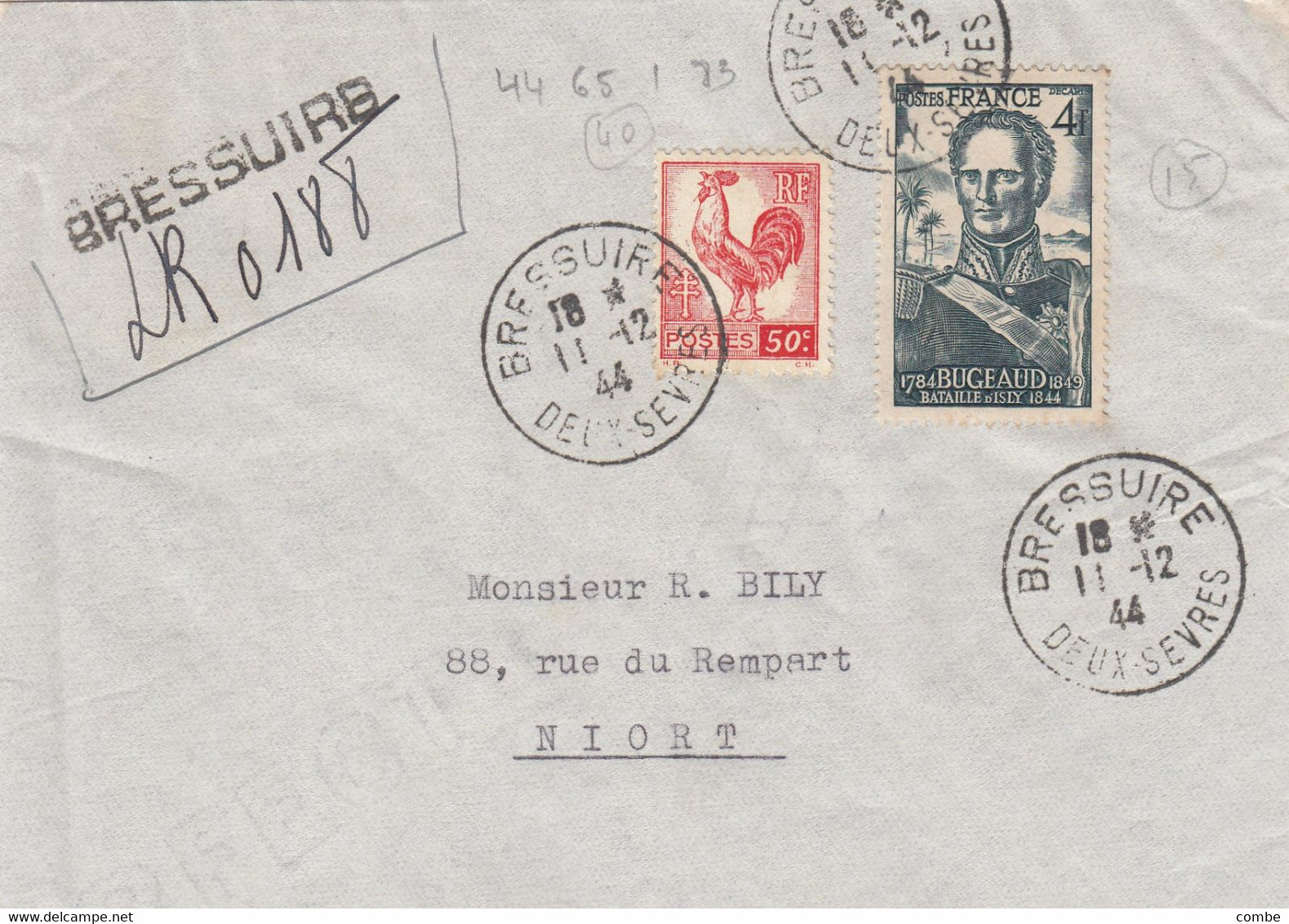 LETTRE. 11 12 1944. RECOMMANDE PROVISOIRE. 4,50Fr. COQ 50c + COMPLEMENT BUGEAUD. BRESSUIRE DEUX-SEVRES. POUR NIORT - 1944 Coq Et Maríanne D'Alger