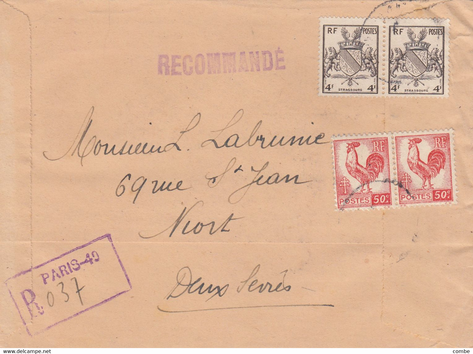 LETTRE. 27 8 45. RECOMMANDE . 9Fr. . PAIRE COQ 50c + PAIRE STRASBOURG. PARIS-40. POUR NIORT - 1944 Coq Et Marianne D'Alger